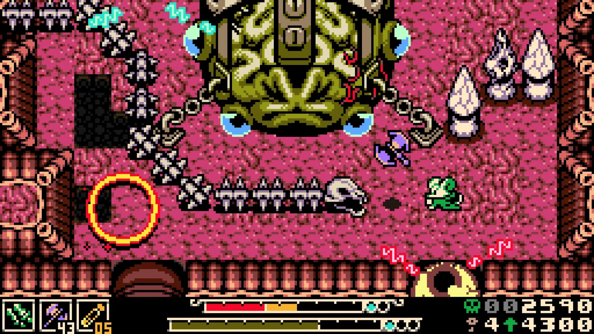 Mina the Hollower: Mina battles giant boss creature in a cavernous arena with spikes and hazards.