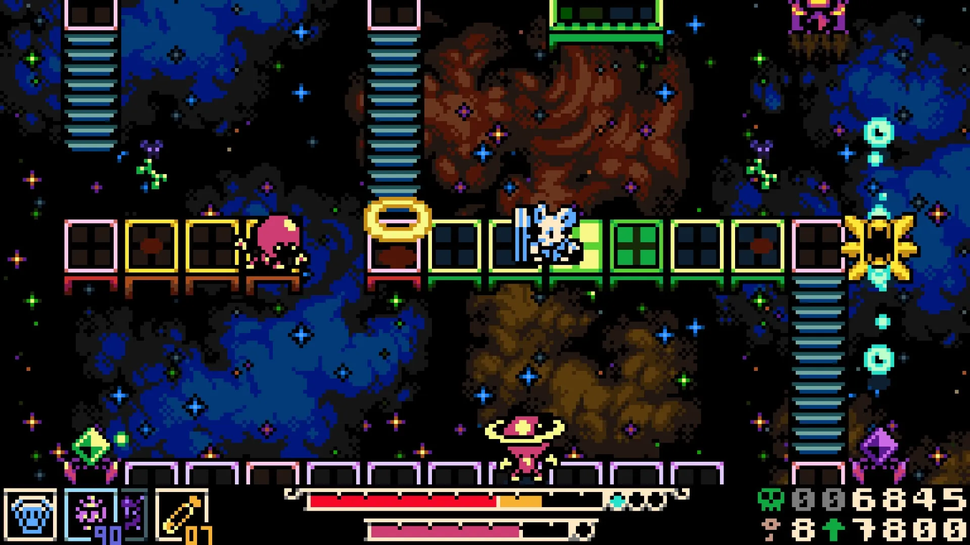 Mina the Hollower: Mina battles enemies on a colorful platform with health bars and score display.