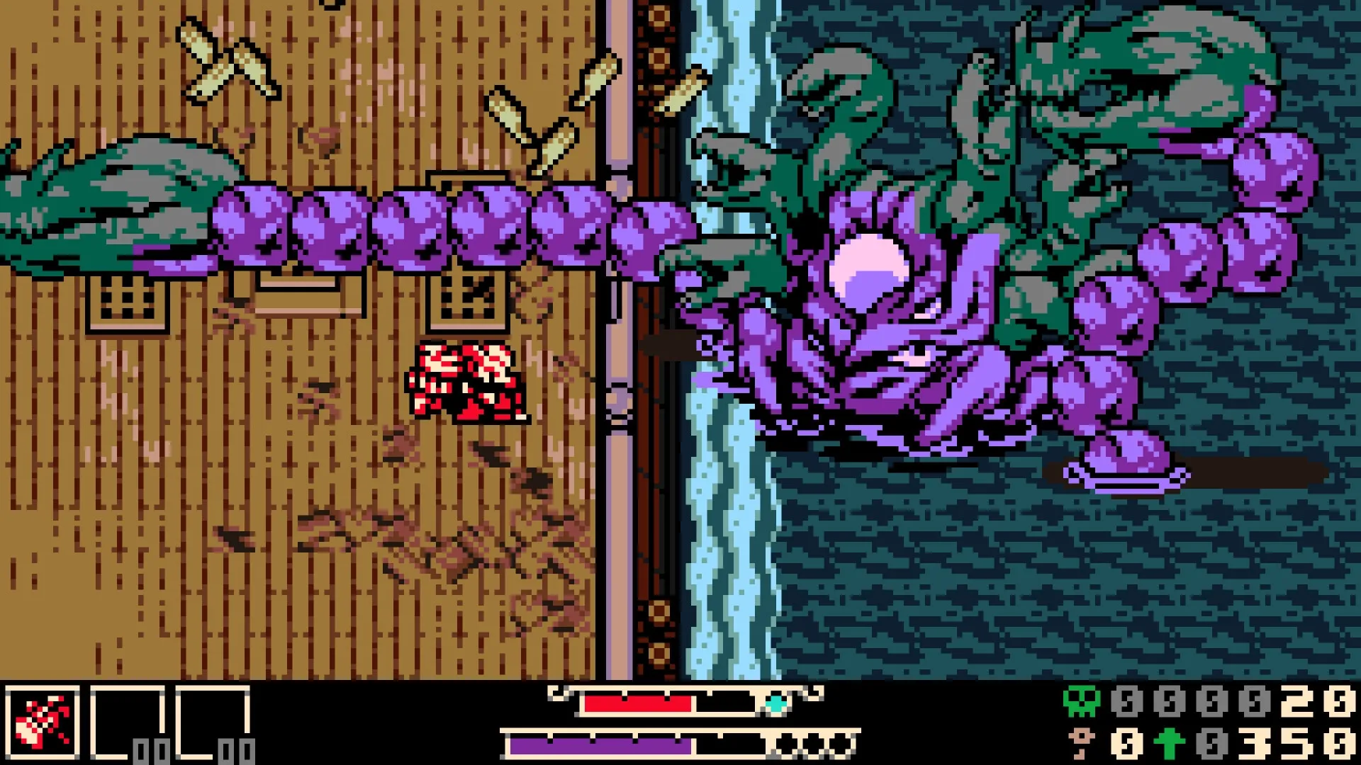 Mina the Hollower: Mina battles a giant purple sea monster on a wooden dock, health bar visible