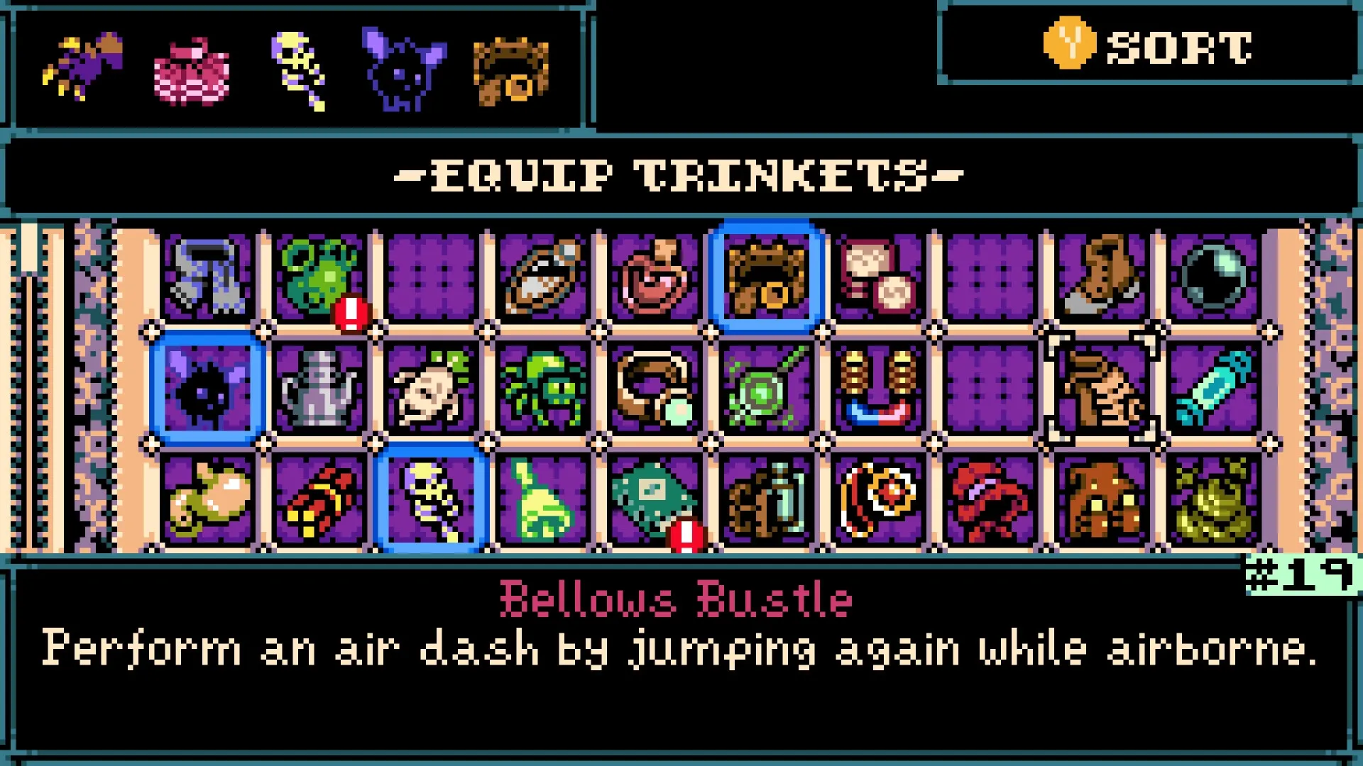 Mina the Hollower: Equip Trinkets menu with various items displayed, including Bellows Bustle description