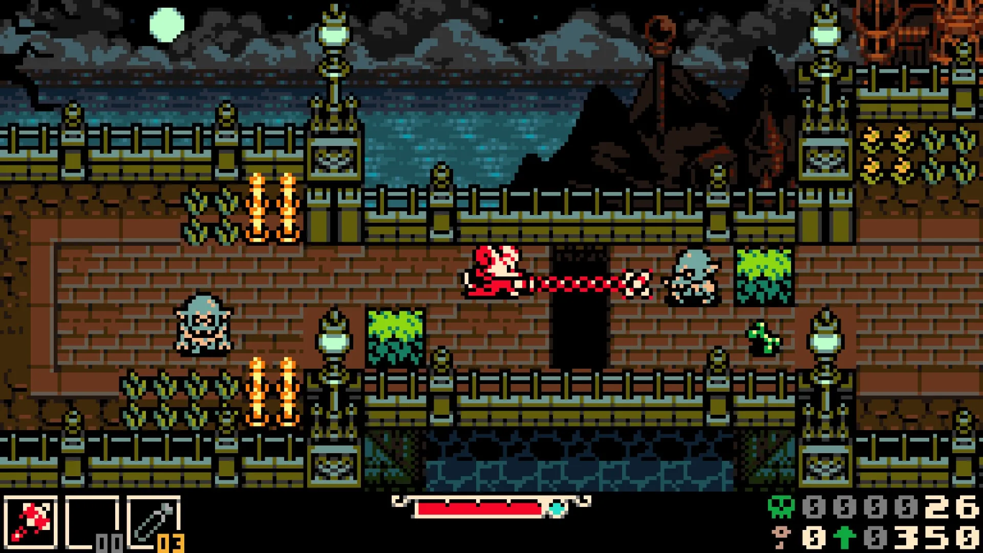 Mina the Hollower: Mina attacks enemies with a whip on a moonlit bridge, surrounded by torches.