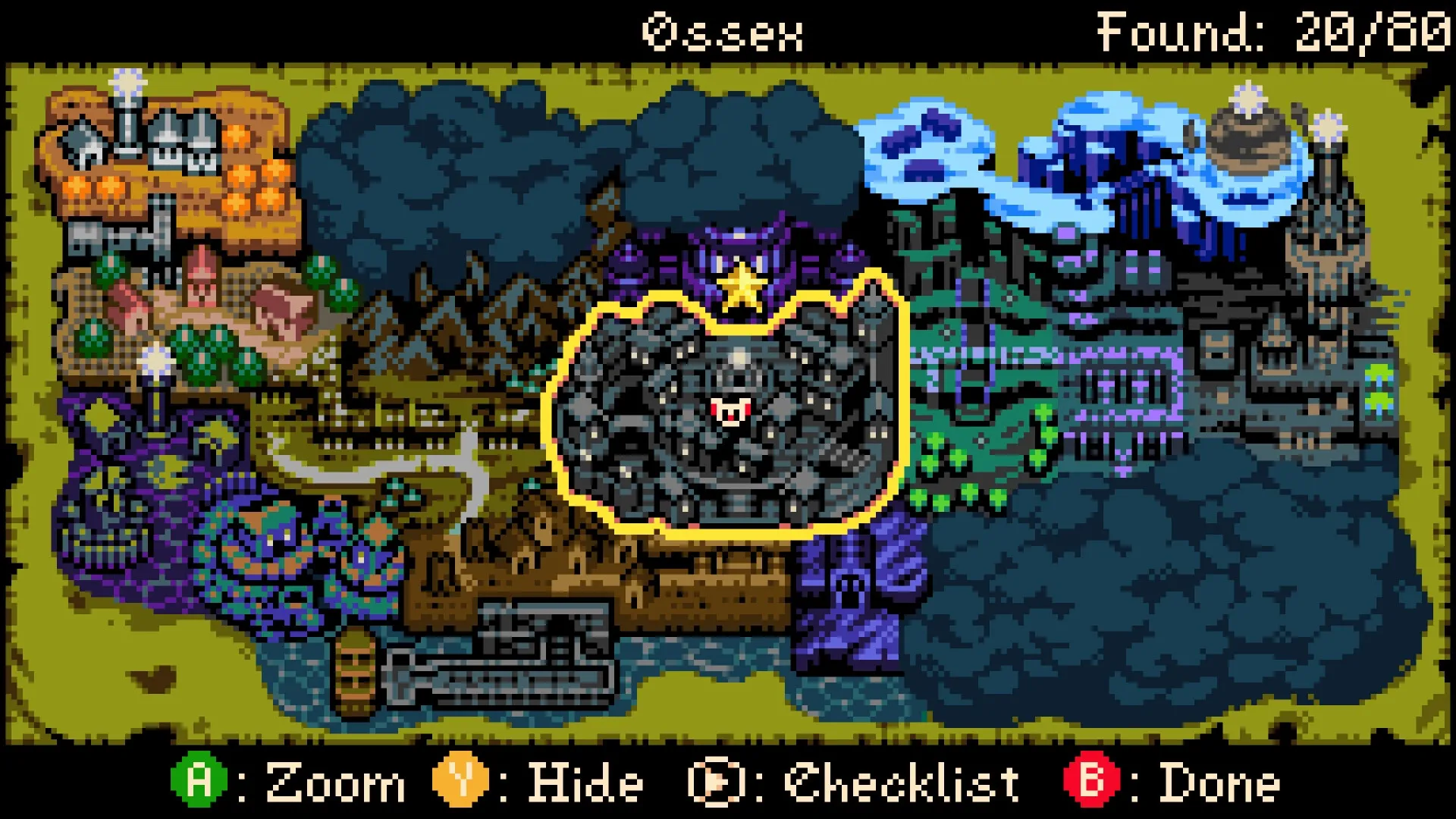 Mina the Hollower: World map with diverse landscapes and highlighted city, Ossex, in the center