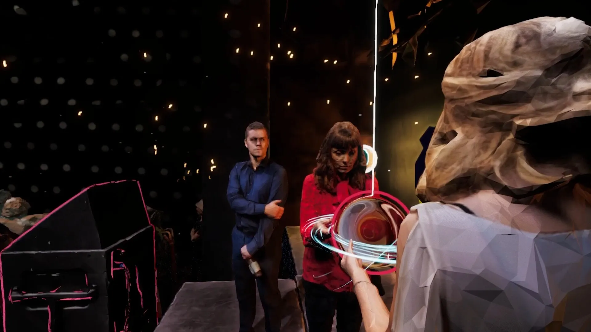 Mind Diver: Confrontation with two figures in a dimly lit room, mysterious symbols floating in air