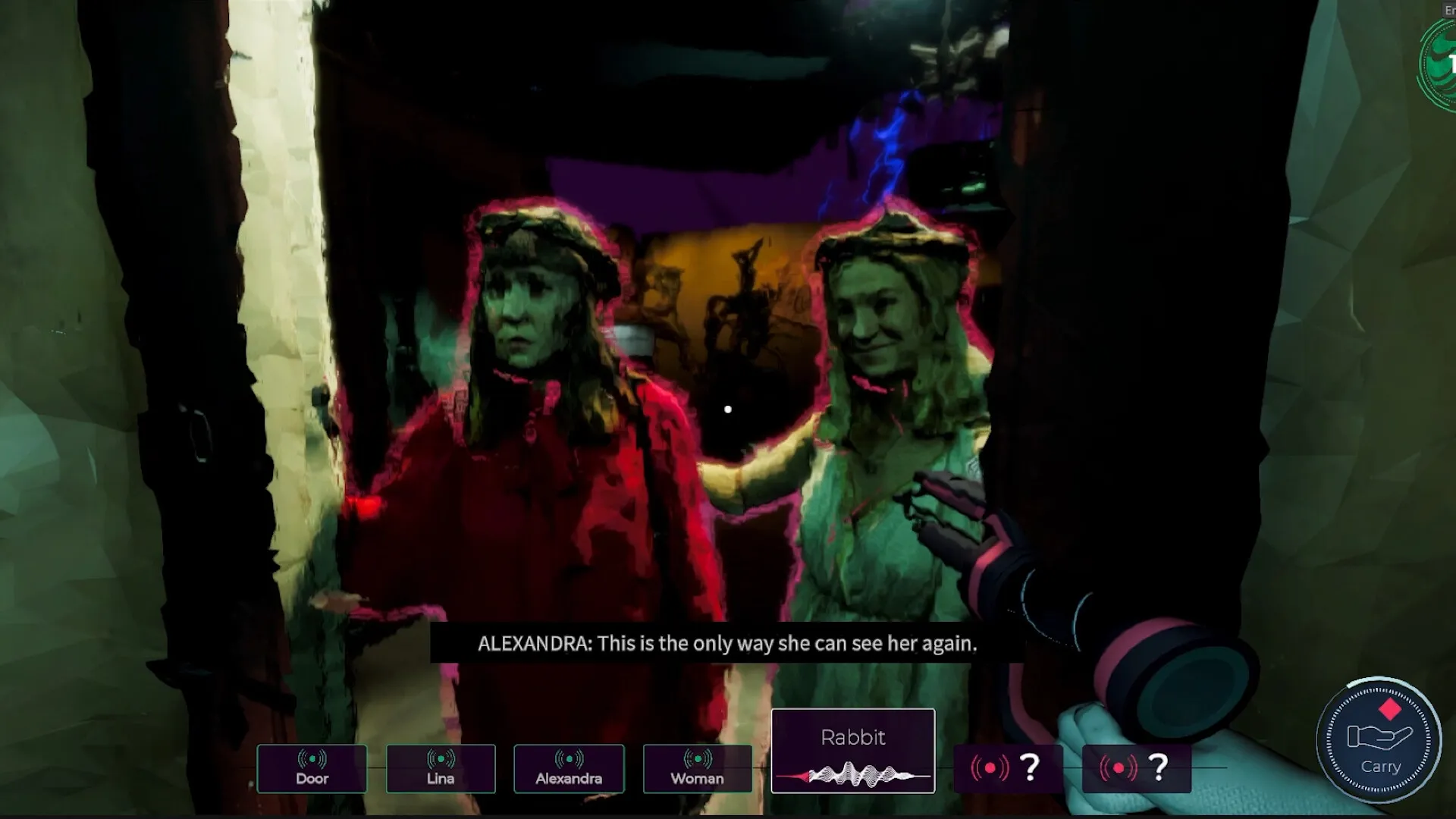 Mind Diver: Alexandra and Lina stand in a dim hallway, dialogue options and audio waveforms displayed.