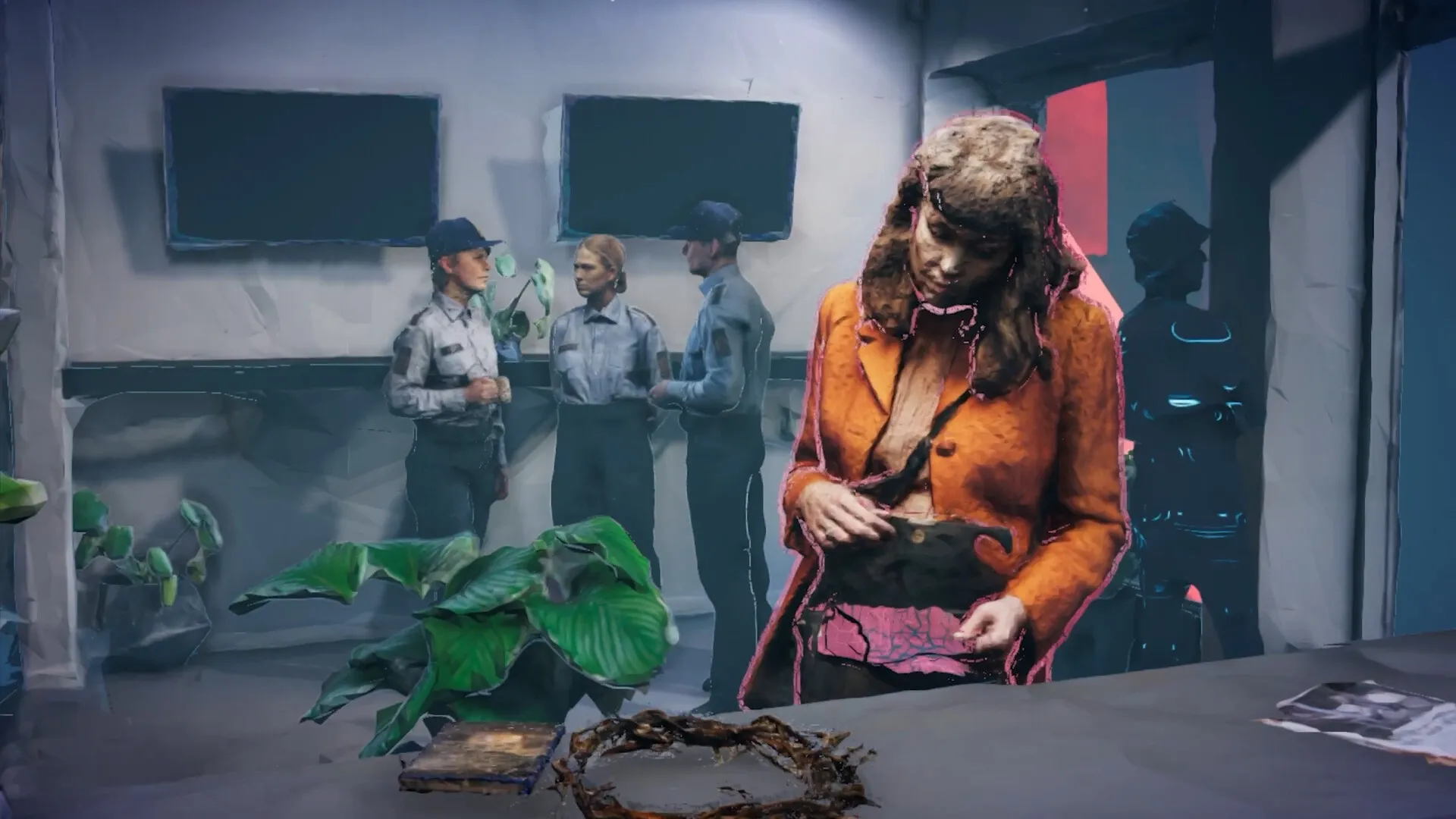 Mind Diver: Female character examining object on table in police station with officers conversing nearby