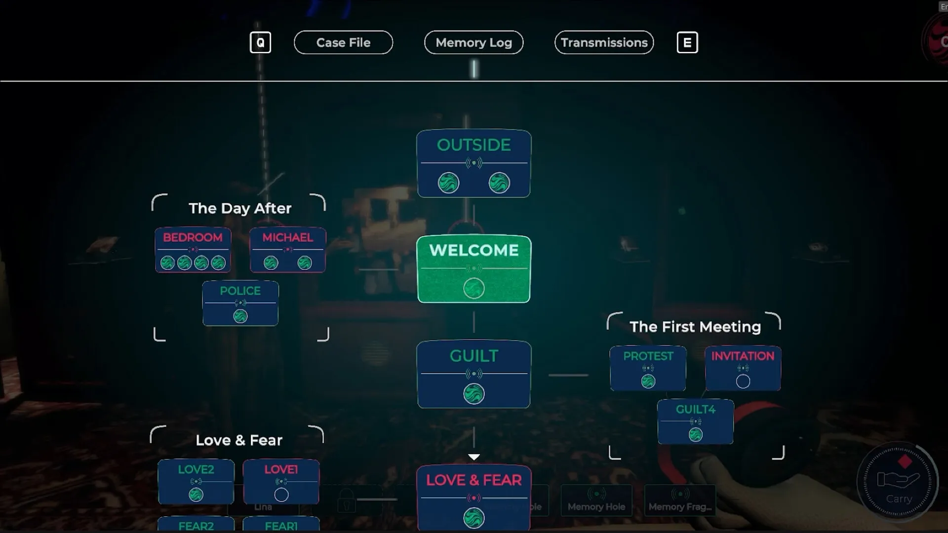 Mind Diver: Investigating memory log with categories like bedroom, Michael, and guilt in dark setting