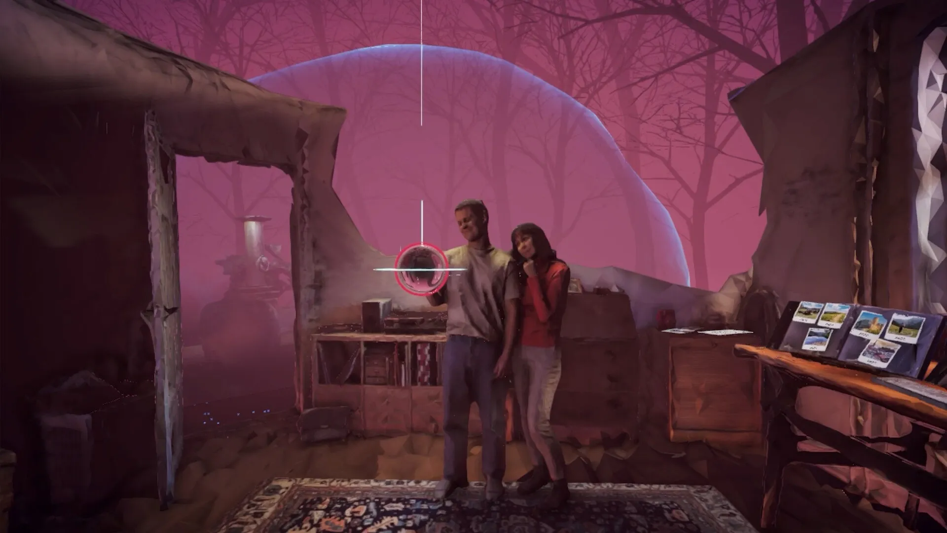Mind Diver: Couple in rustic room with photos, under pink sky and dome in forest setting