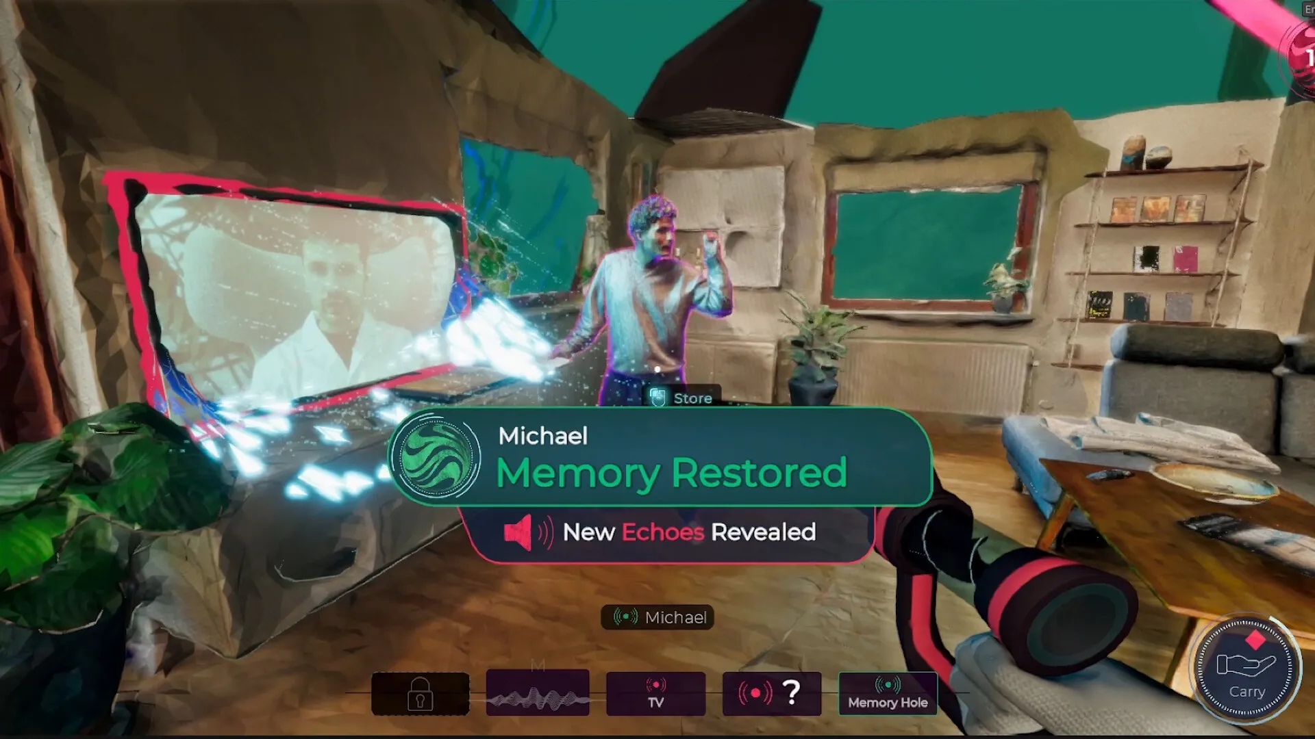Mind Diver: Memory restored notification with holographic display in a cluttered living room setting