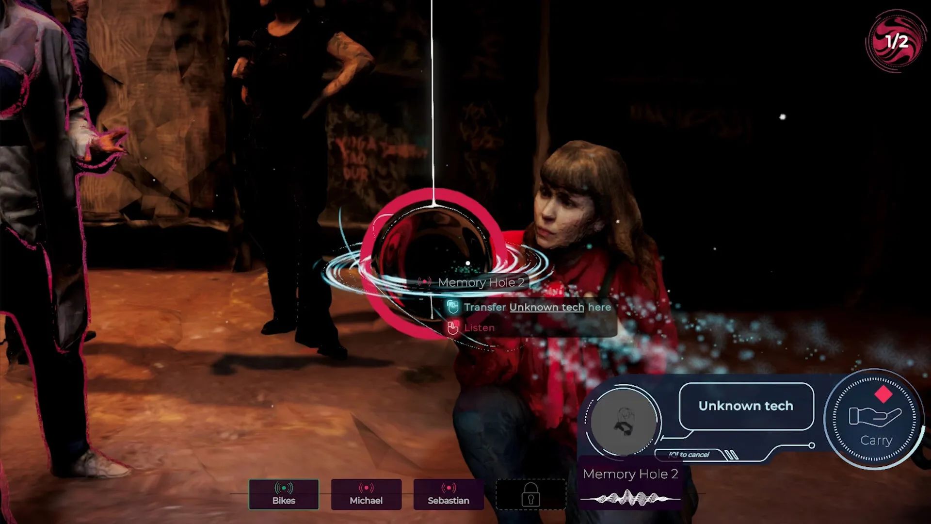 Mind Diver: Character interacting with Memory Hole 2 in a dimly lit room, UI shows unknown tech options
