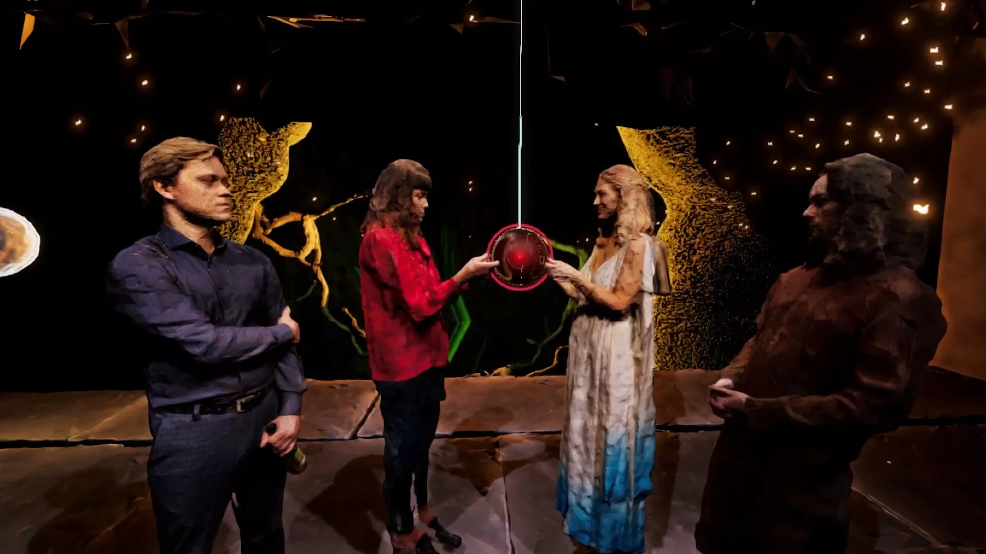 Mind Diver: Characters exchange glowing orb in abstract, mystical environment with golden patterns