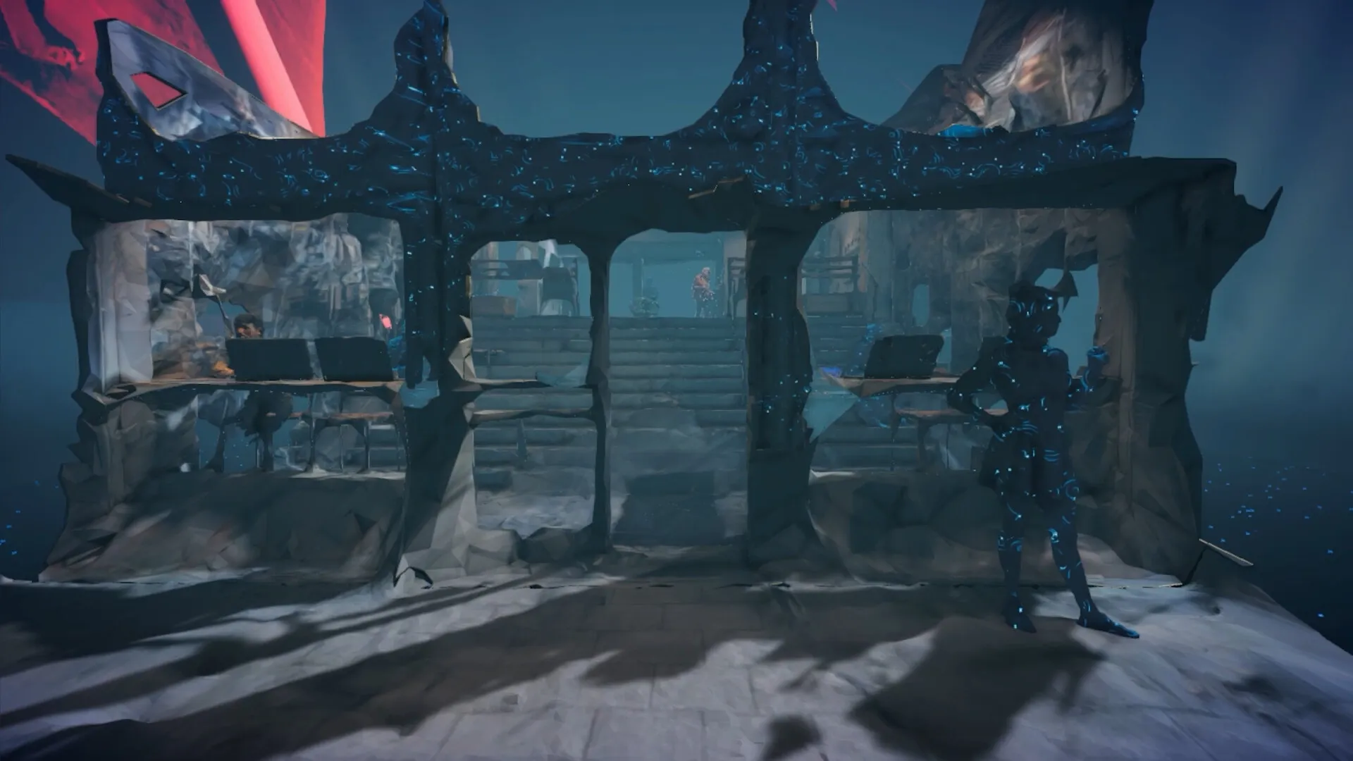 Mind Diver: Investigating a mysterious structure with glowing outlines in a dimly lit, surreal environment.