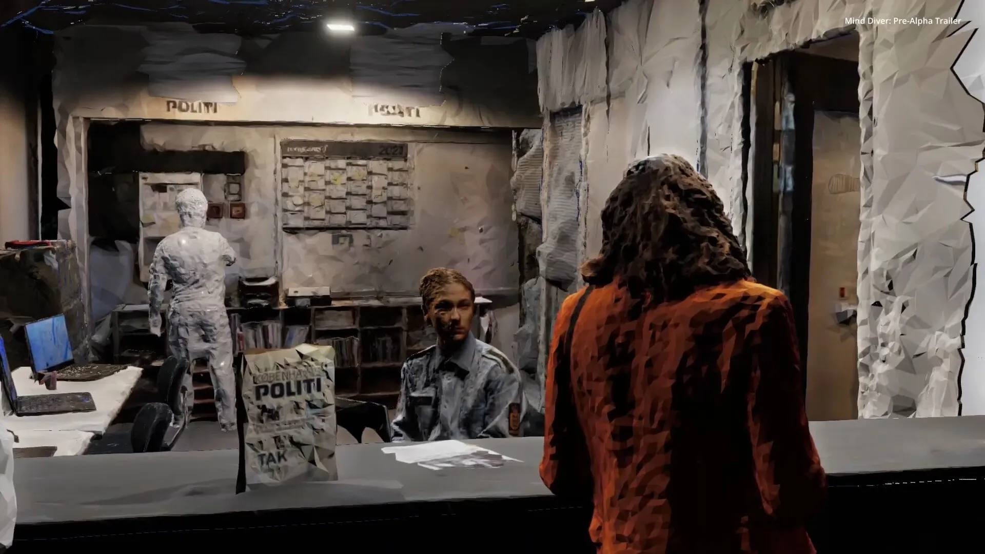 Mind Diver: Detective questioning officer in a dimly lit police station with papers and a laptop on desk