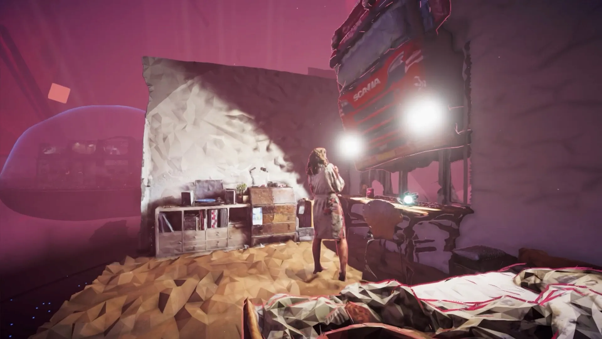 Mind Diver: Character stands in a surreal room with abstract walls and a glowing object on a desk