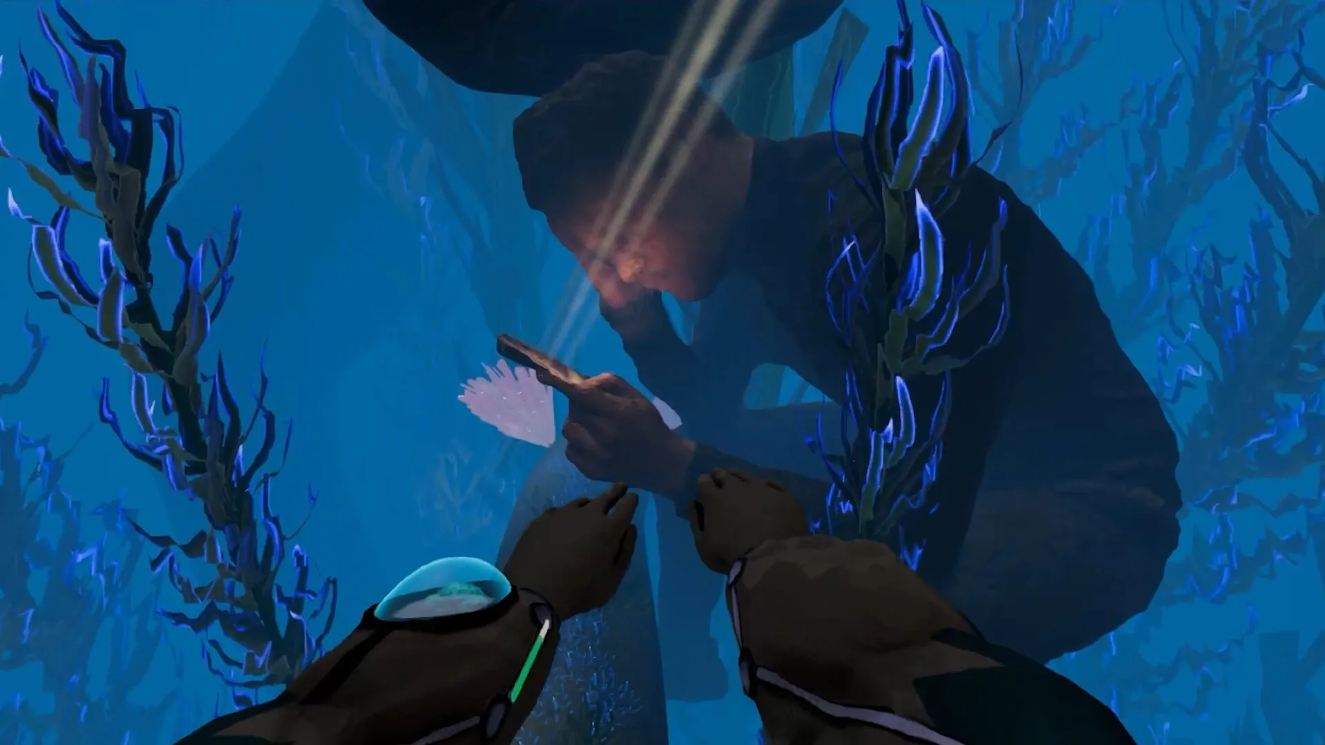 Mind Diver: Underwater exploration with diver examining a digital device amidst glowing seaweed.
