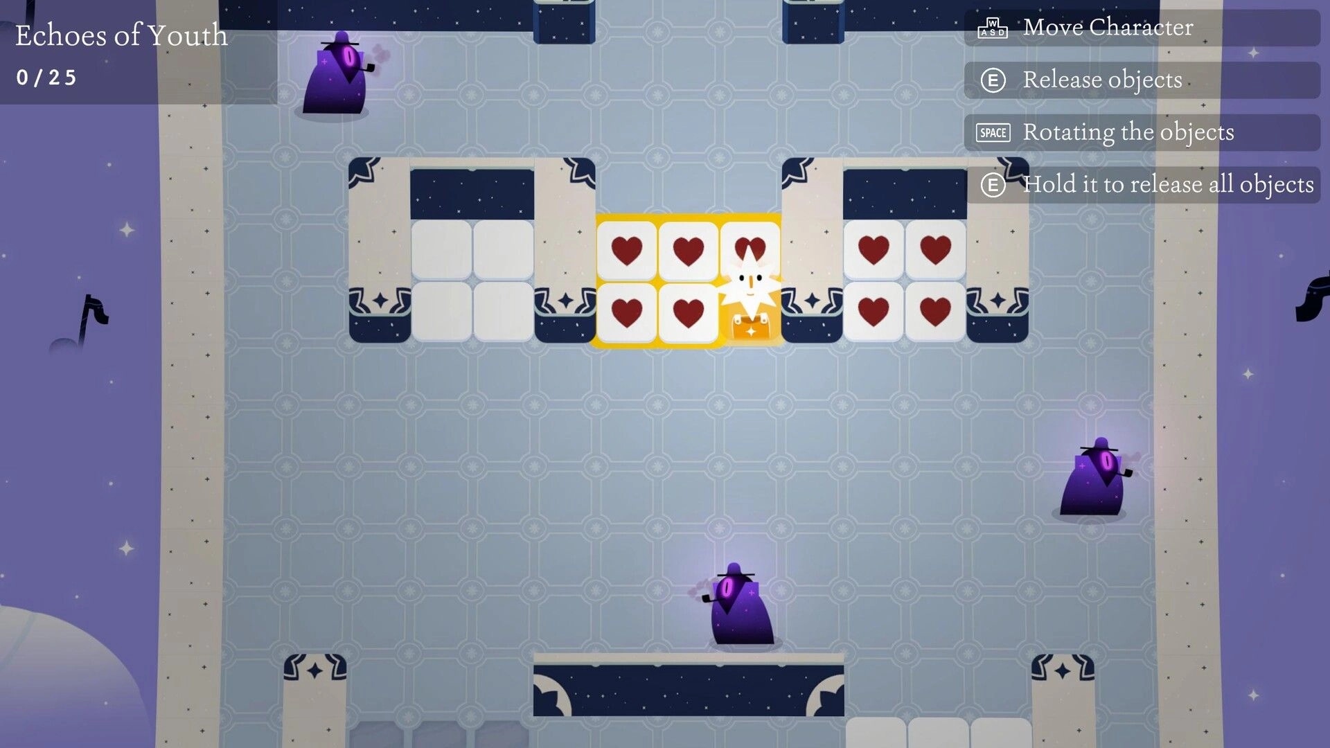 Mind Inc: Puzzle grid with heart tiles and purple characters in a blue labyrinth setting