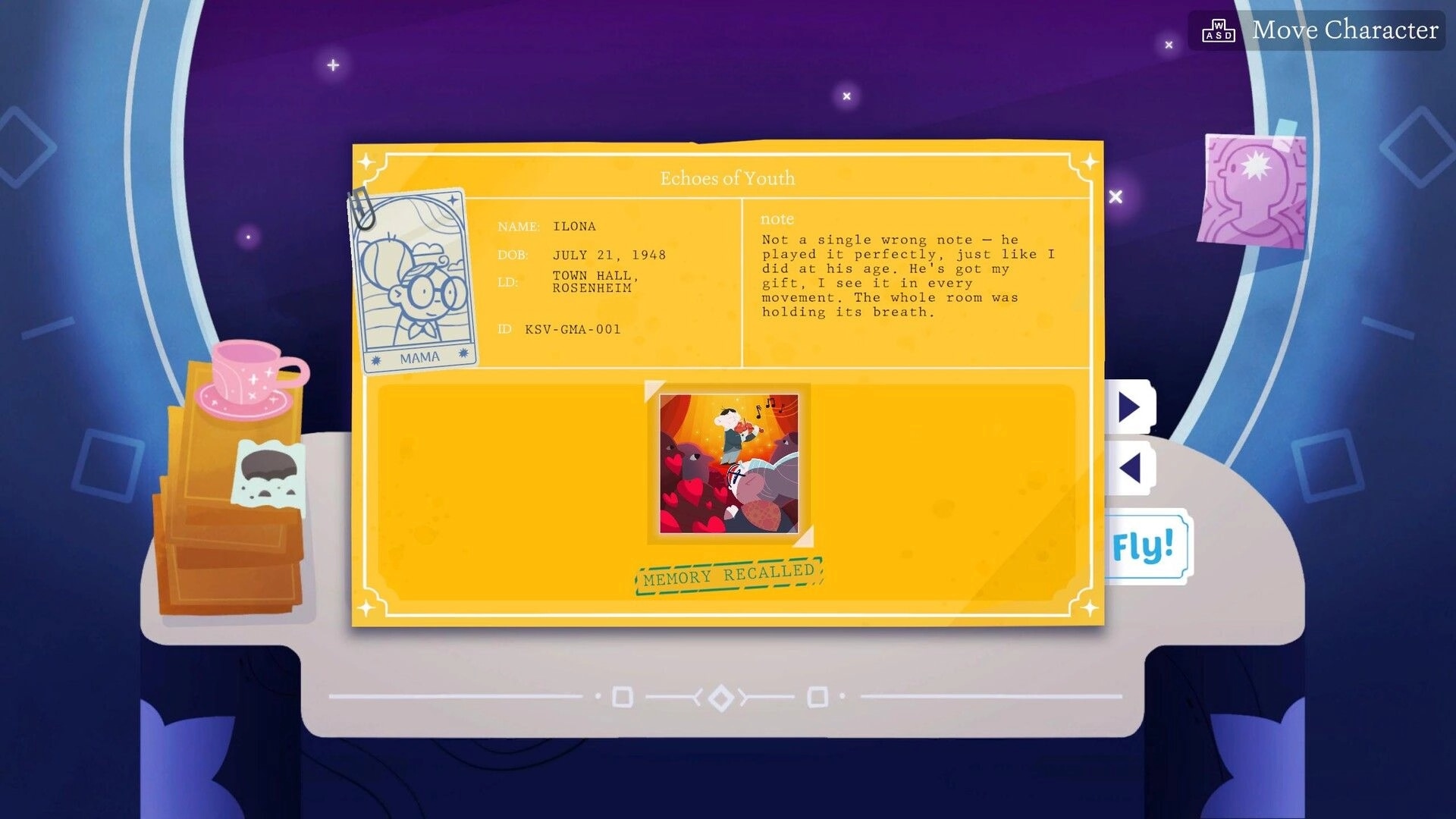 Mind Inc: Memory profile of Ilona with personal details and artwork in a vibrant, cosmic setting