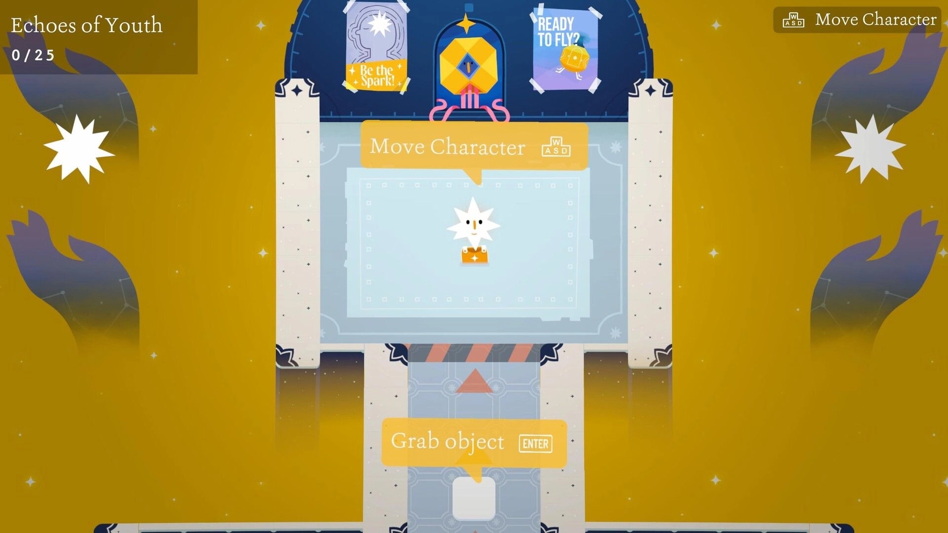 Mind Inc: Character navigation tutorial with "Move Character" and "Grab Object" prompts in a golden room.