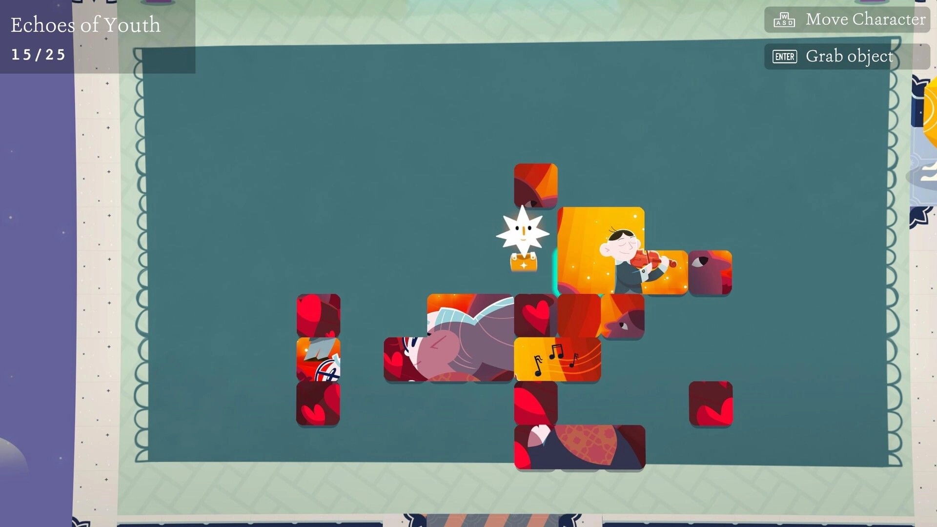 Mind Inc: Player arranging music notes in a puzzle grid with floating clouds and controls on the side