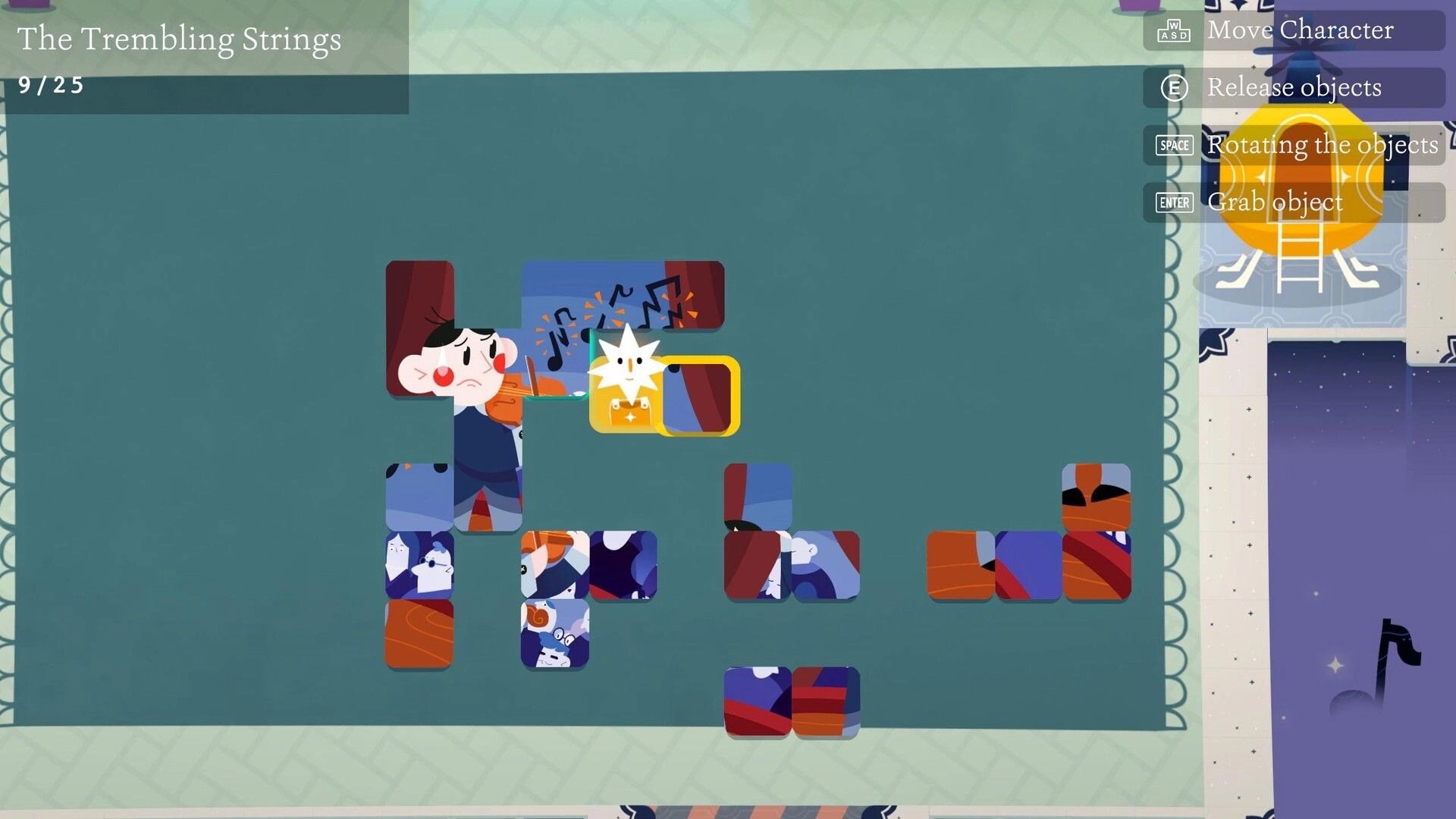 Mind Inc: Puzzle pieces with character in a tiled room, UI shows controls for object manipulation