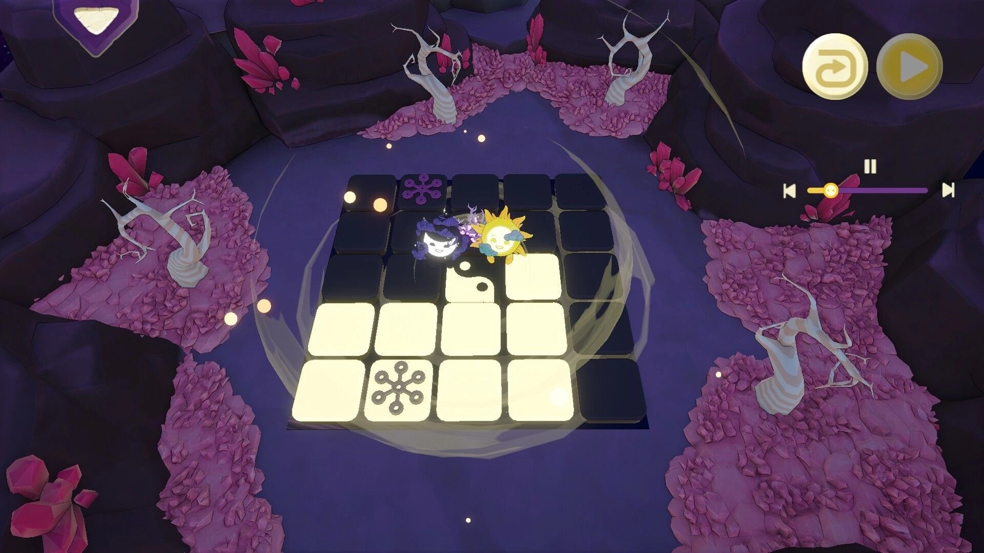 Mind Split: Light and Shadow characters navigate puzzle grid in a mystical cave setting, Level 2 UI shown