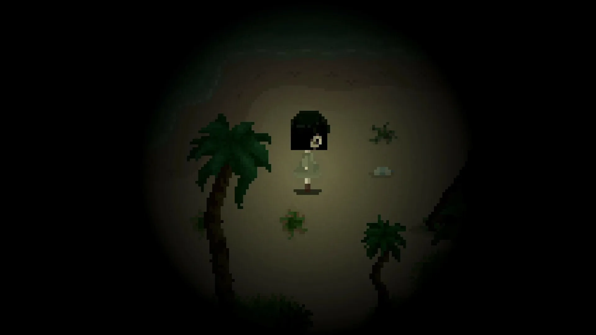 MINDFATE: Yuriko explores a dimly lit beach surrounded by palm trees and scattered small plants.