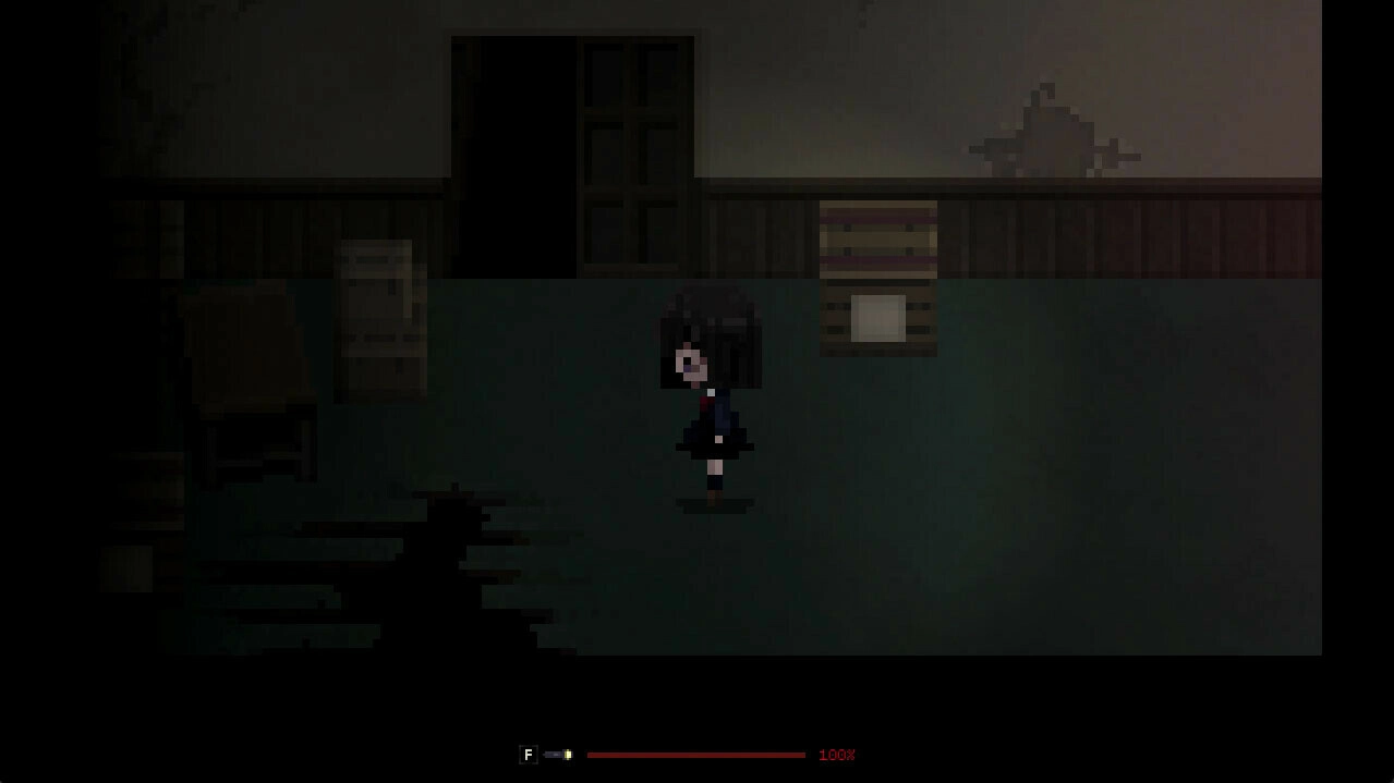 MINDFATE: Yuriko stands in a dimly lit room with scattered furniture and a shadowy doorway.