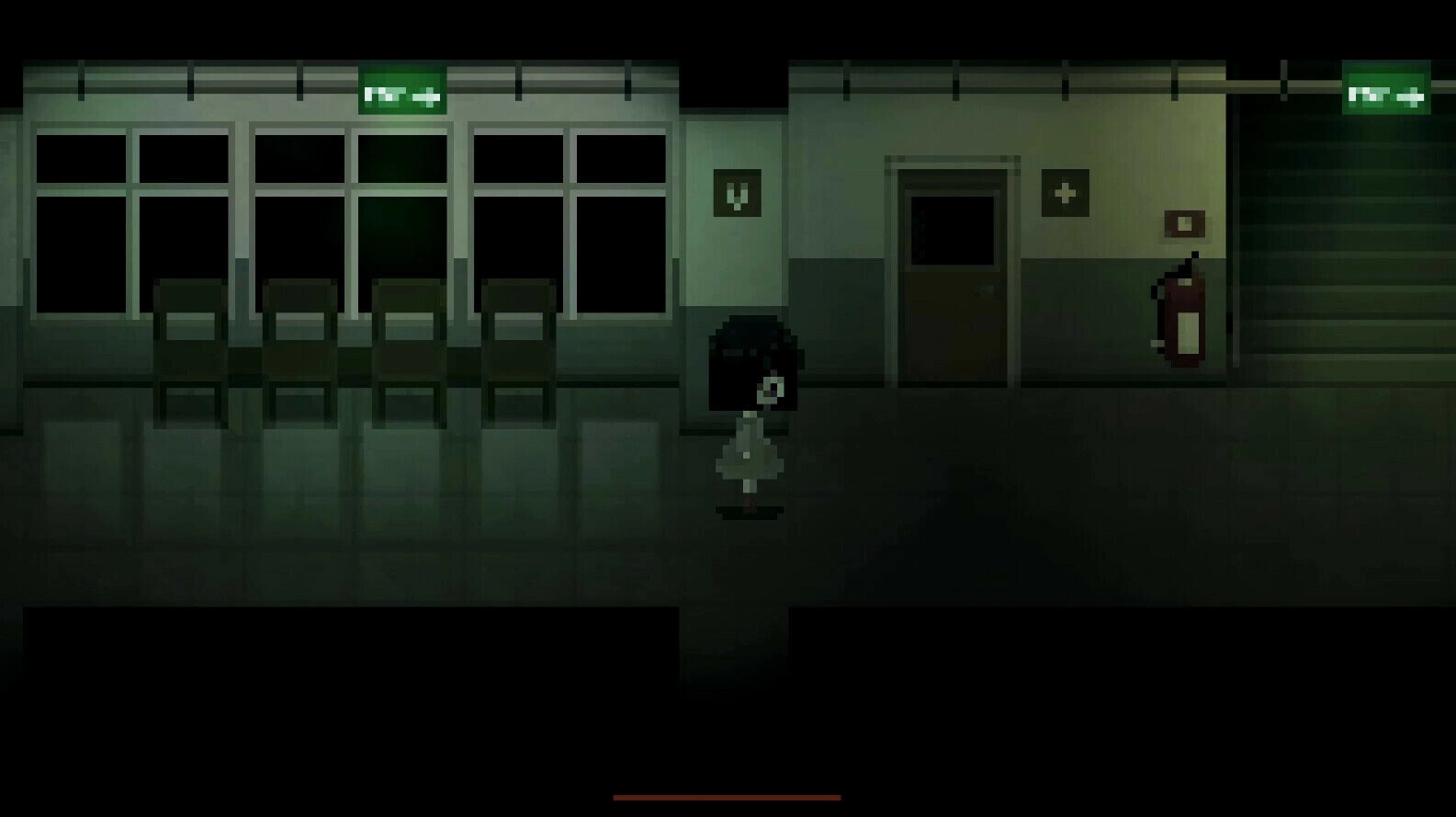 MINDFATE: Yuriko explores a dimly lit hospital hallway with chairs, exit sign, and fire extinguisher.