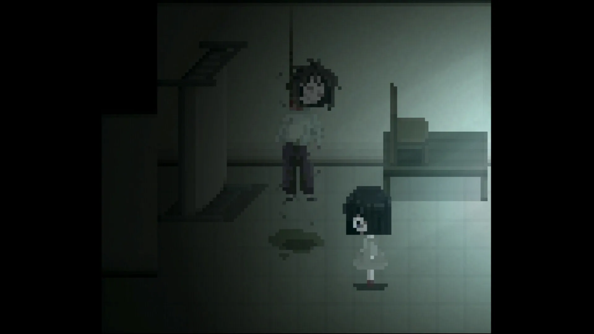 MINDFATE: Yuriko stands in a dim room facing a hanging figure, with a bed visible in the background.