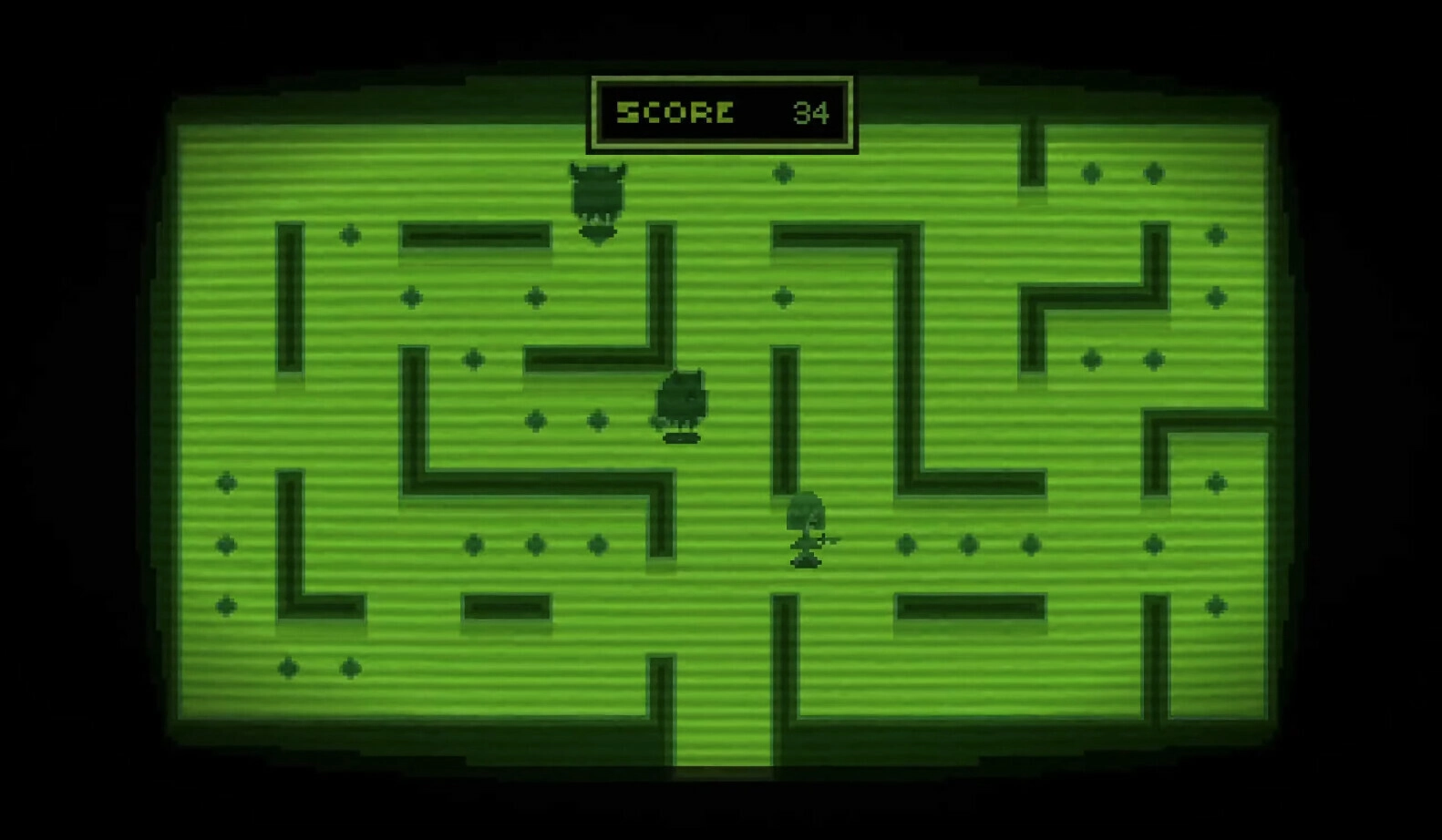 MINDFATE: Yuriko navigates a retro-style maze collecting dots with a score of 34 displayed.
