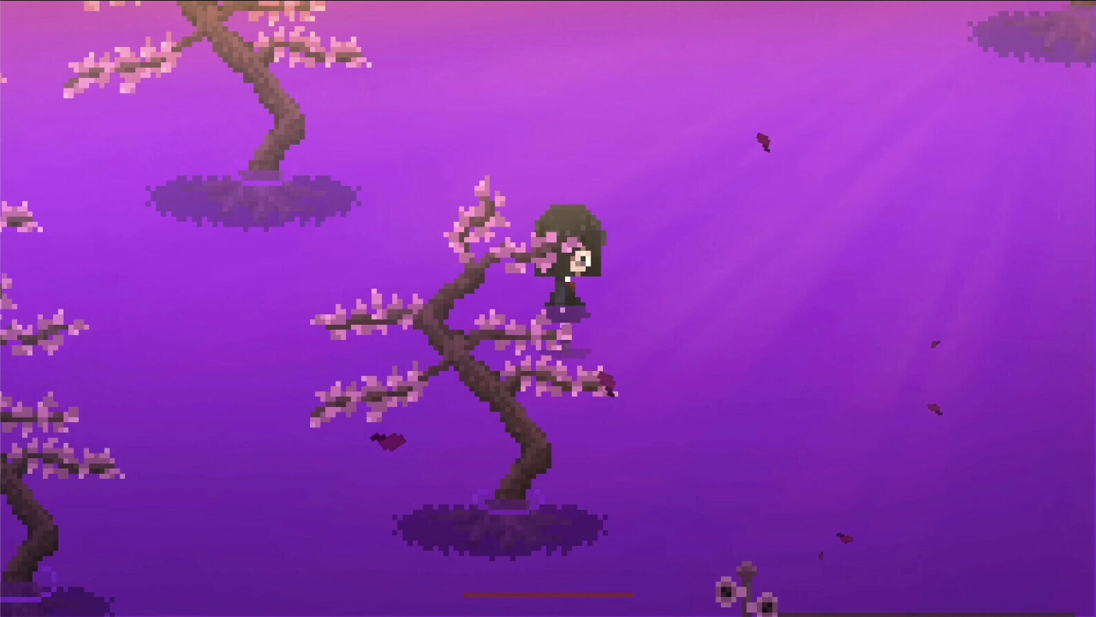 MINDFATE: Yuriko walks among pixelated cherry blossoms in a surreal purple landscape