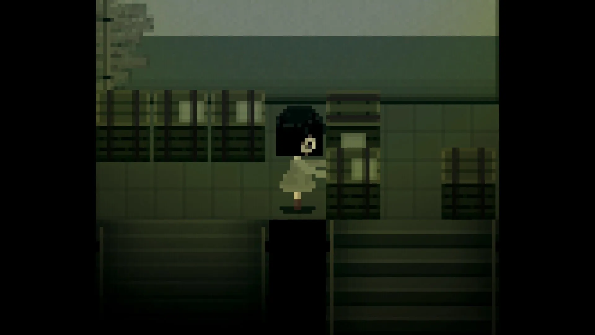 MINDFATE: Yuriko exploring dim hallway with shelves in a pixelated mental hospital setting