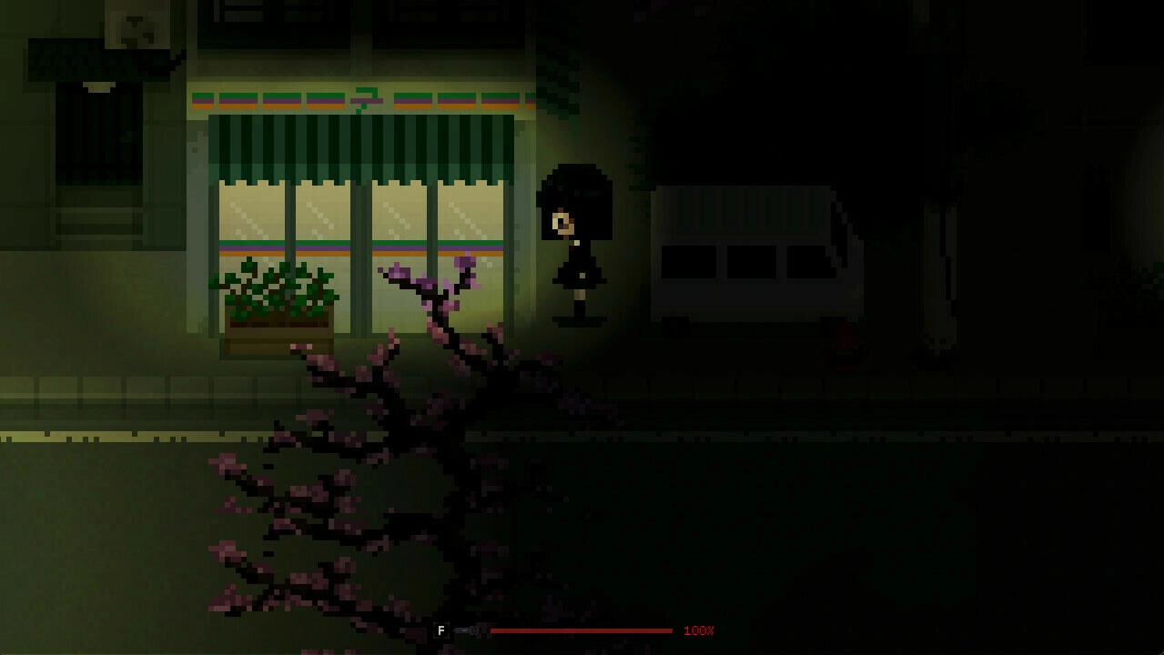 MINDFATE: Yuriko walks past a dimly lit building with a van, cherry blossom tree, and health bar.