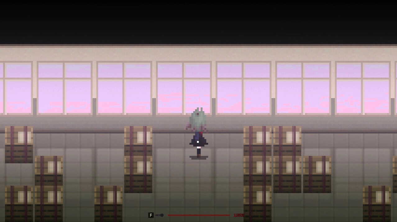 MINDFATE: Yuriko stands in a tiled room with crates, facing large windows with a pink sky backdrop.