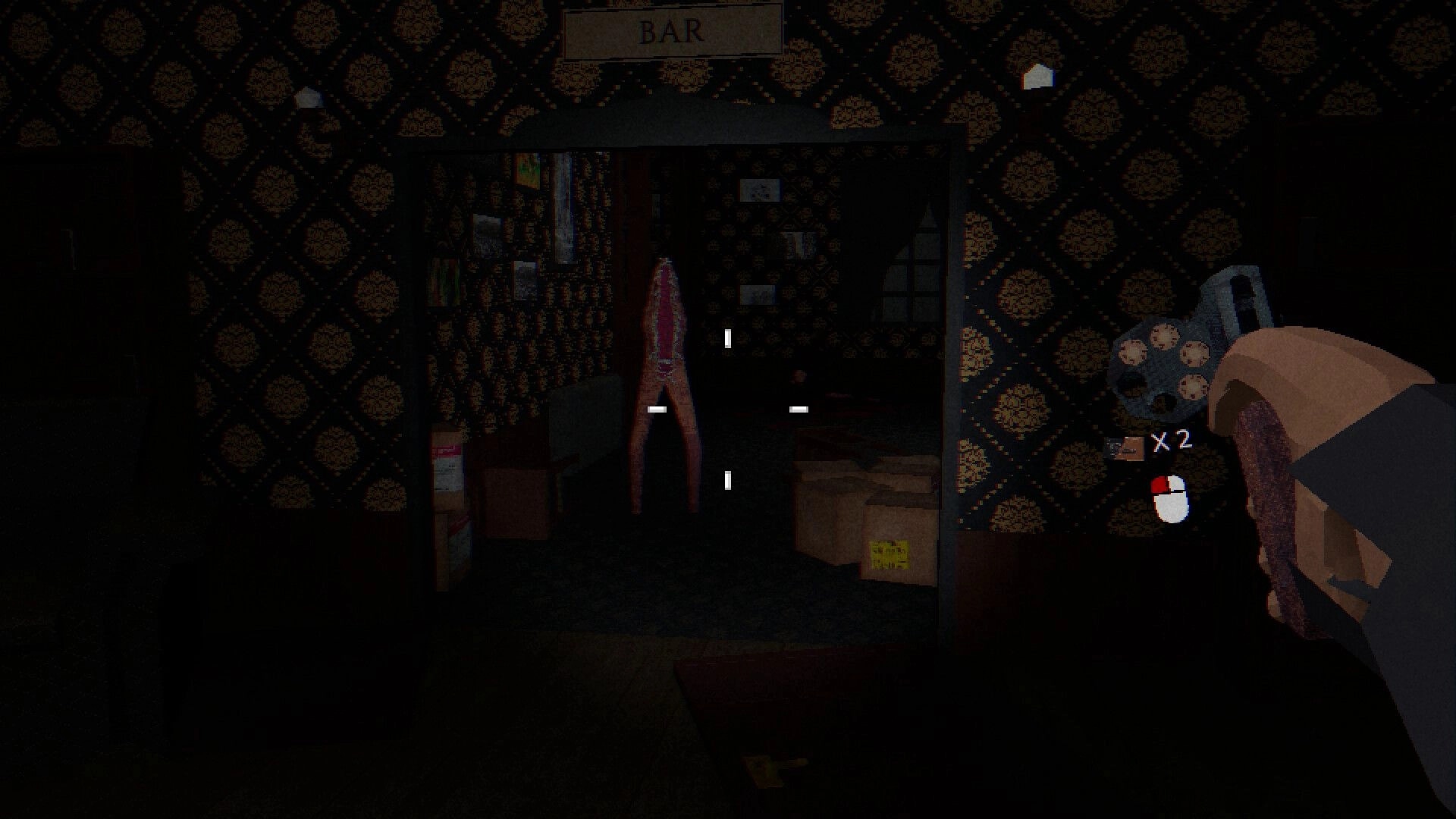 Mindscorn: Player aims revolver at creature in dimly lit hotel bar, ammo indicator visible