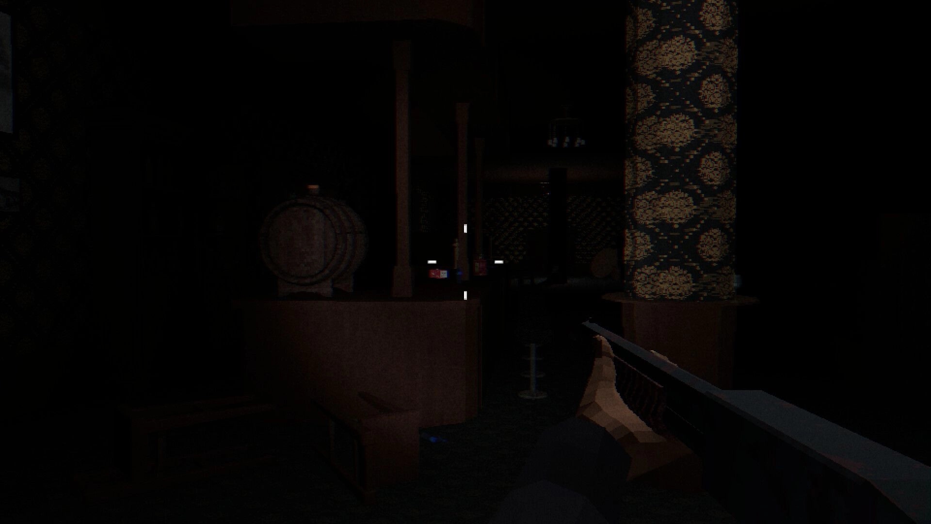 Mindscorn: First-person view holding a shotgun in a dimly lit hotel bar with patterned wallpaper