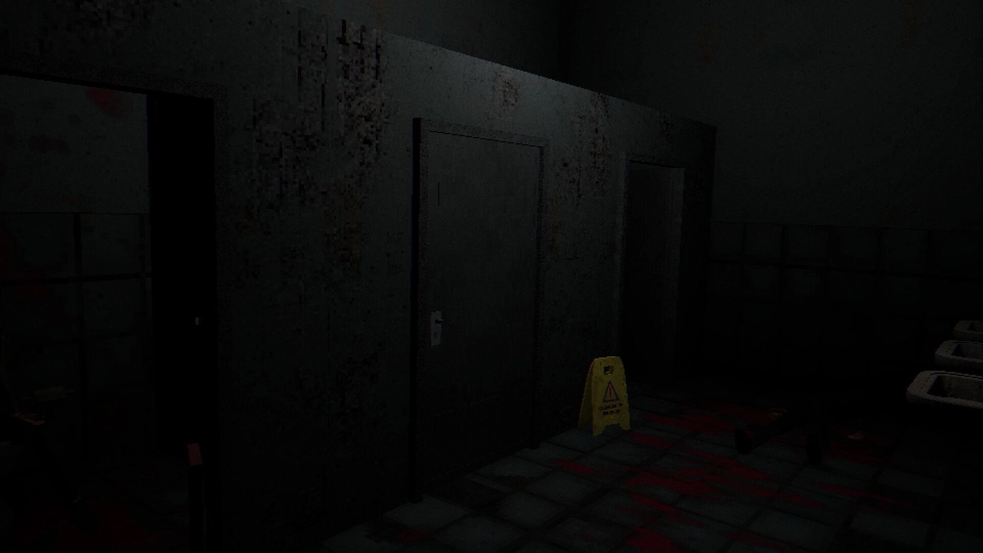 Mindscorn: Dimly lit restroom with bloodstains and caution sign in Royal Veil Hotel's eerie hallway