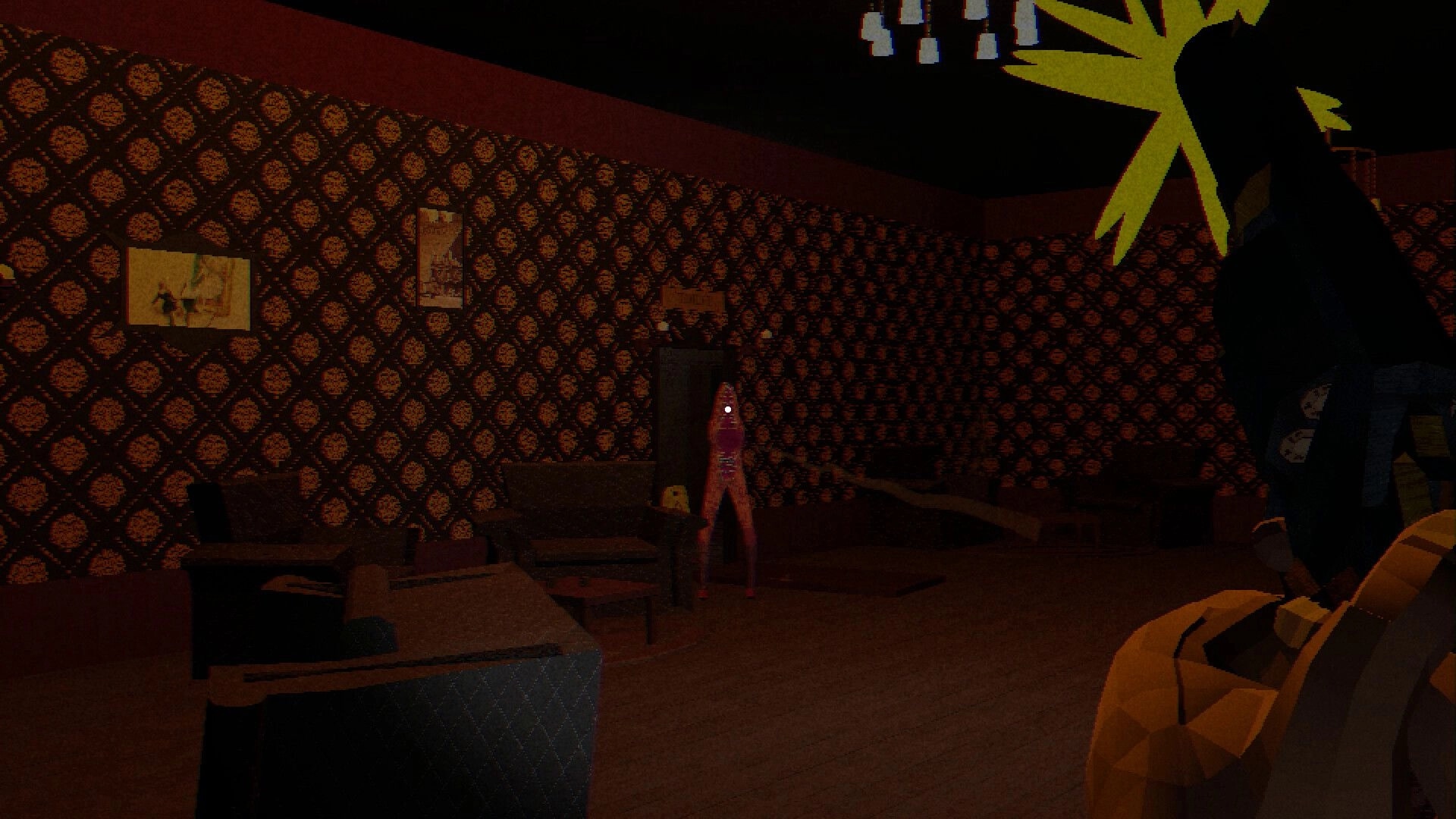Mindscorn: Player encounters eerie creature in dimly lit, vintage-patterned hotel room environment
