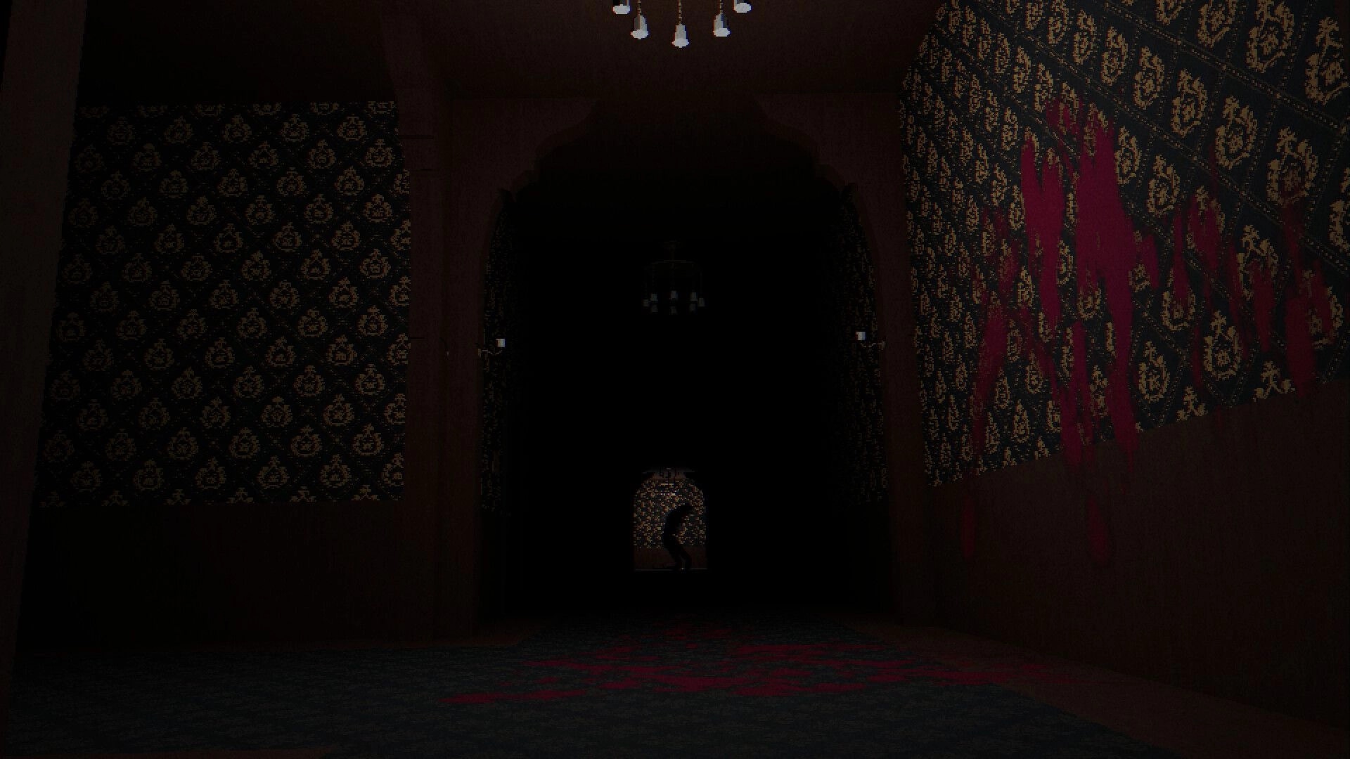 Mindscorn: Dark hallway with silhouette in distance, blood-stained walls at Royal Veil Hotel