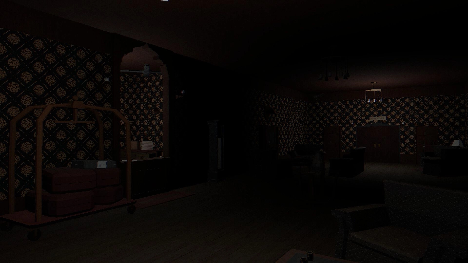 Mindscorn: Dimly lit hotel lobby with patterned wallpaper and luggage trolley near reception desk