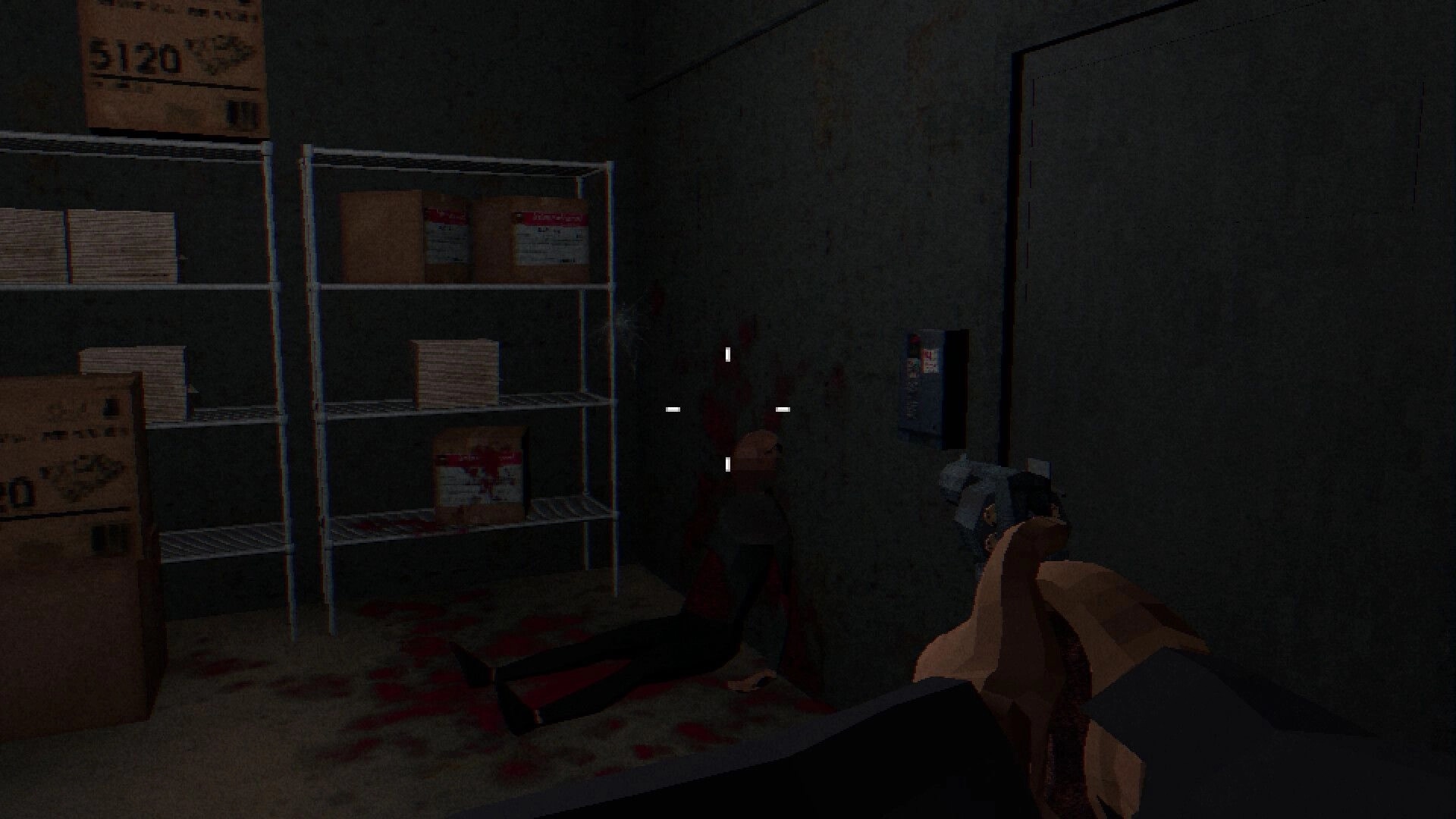 Mindscorn: Player aims gun at bloodstained wall with shelves and boxes in a dimly lit storage room.