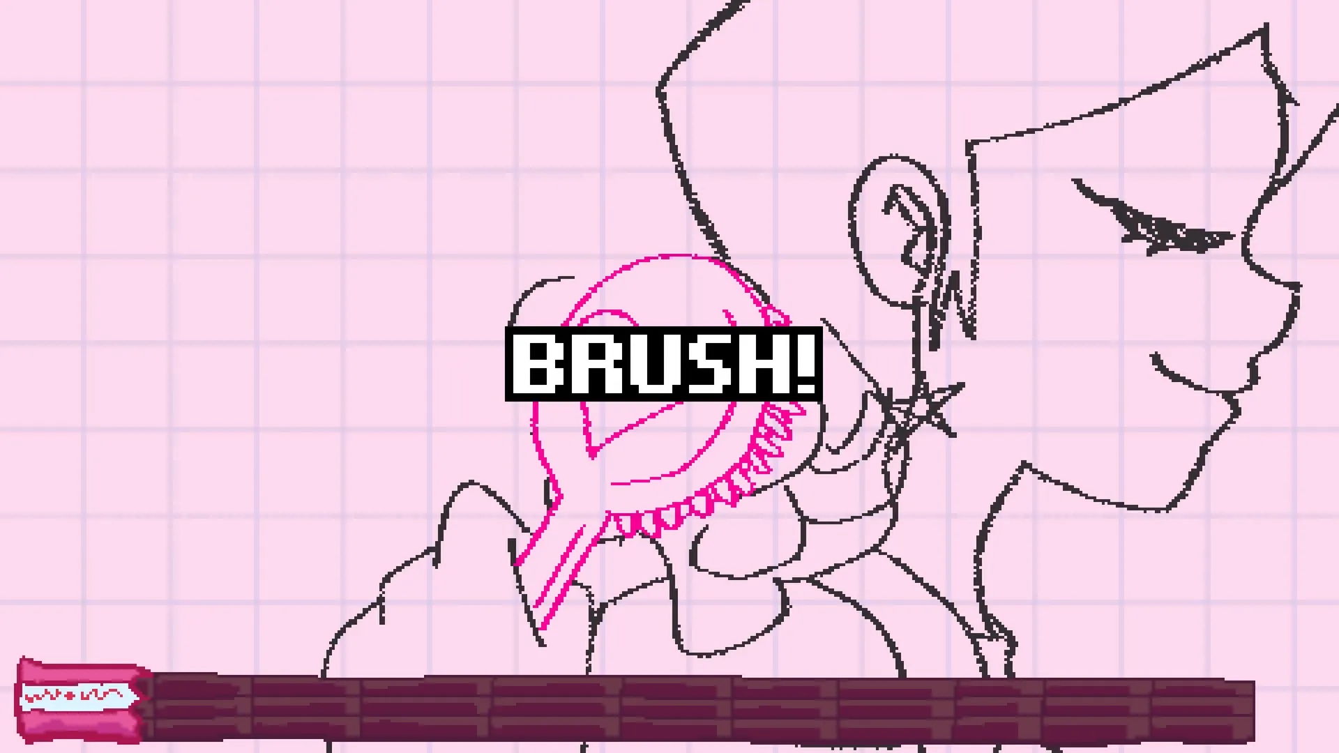 MINDWAVE: Pixel art character brushing hair with "BRUSH!" text overlay in pink grid environment.