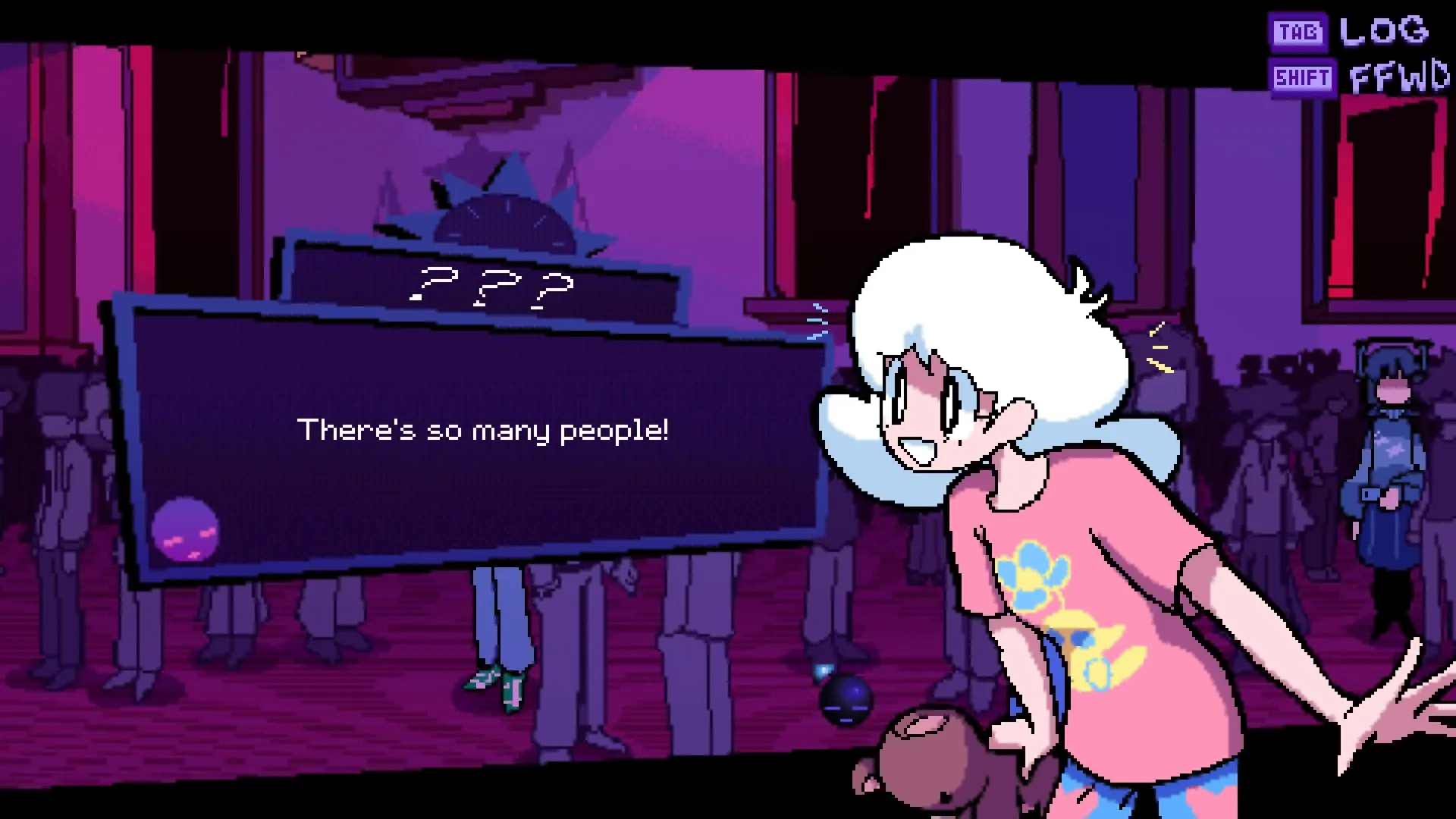 MINDWAVE: Character with teddy bear reacts to crowded room with dialogue box saying "There's so many people!"