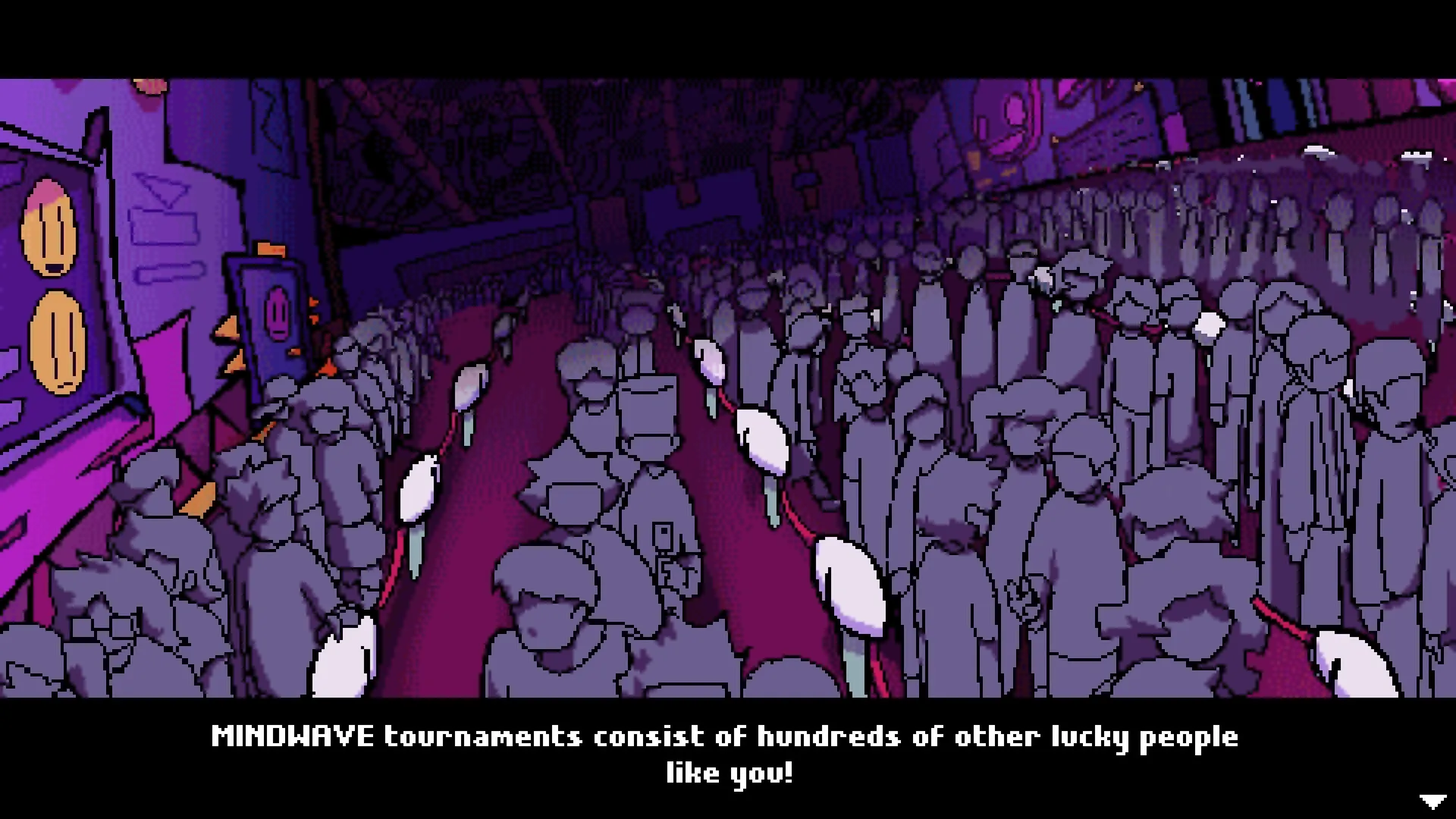 MINDWAVE: Crowd gathers in a dimly lit hall with vibrant purple walls and a red carpet walkway