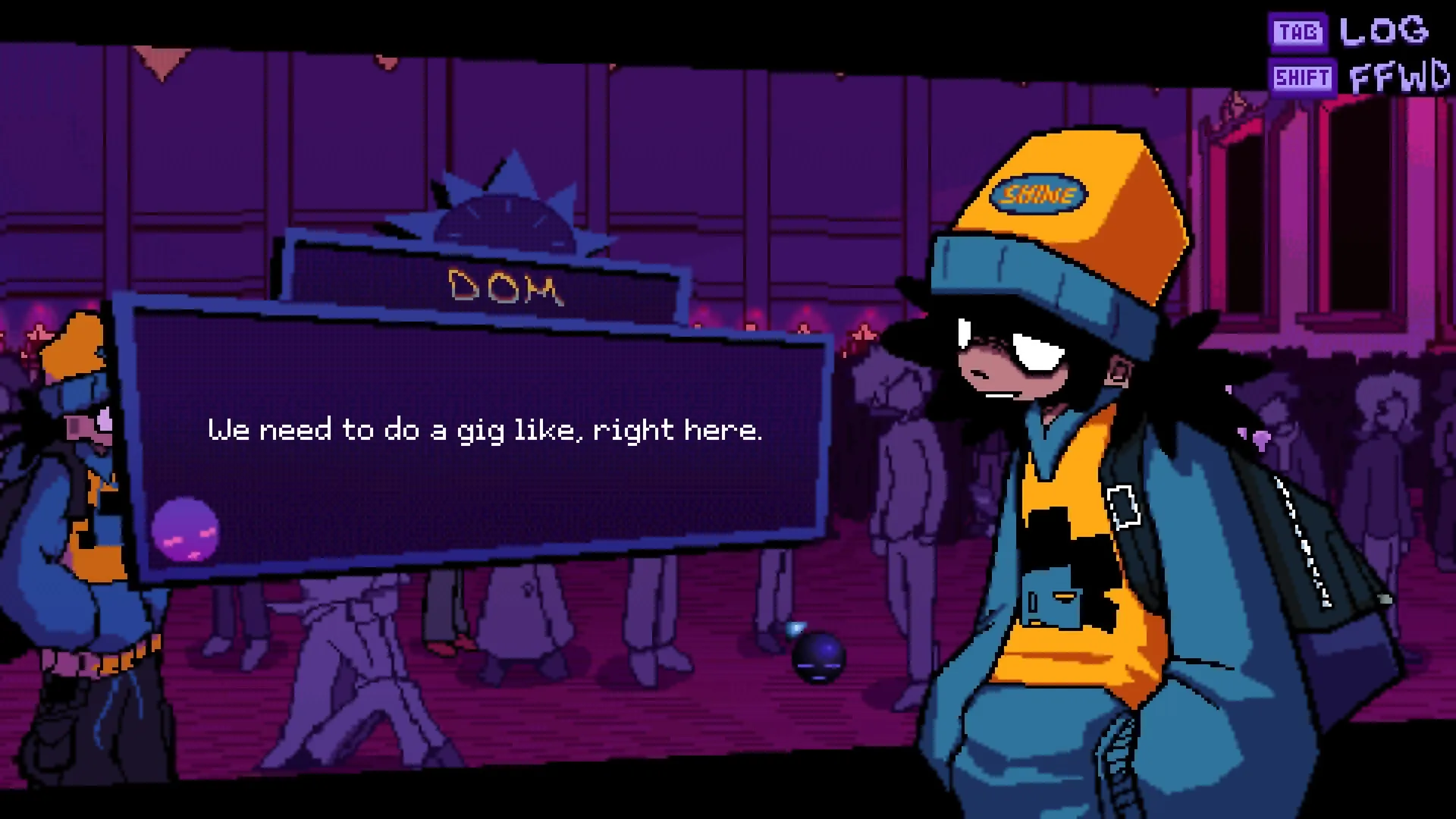 MINDWAVE: Dom in a crowded club scene discussing a gig, with dialogue box and ambient purple lighting.