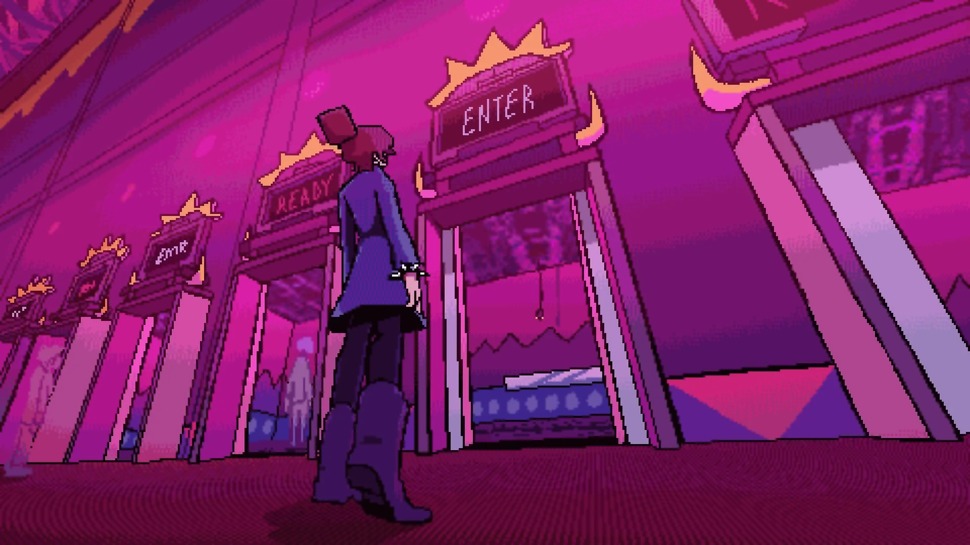MINDWAVE: Character stands before glowing "ENTER" door in a vibrant, neon-lit arcade hallway.