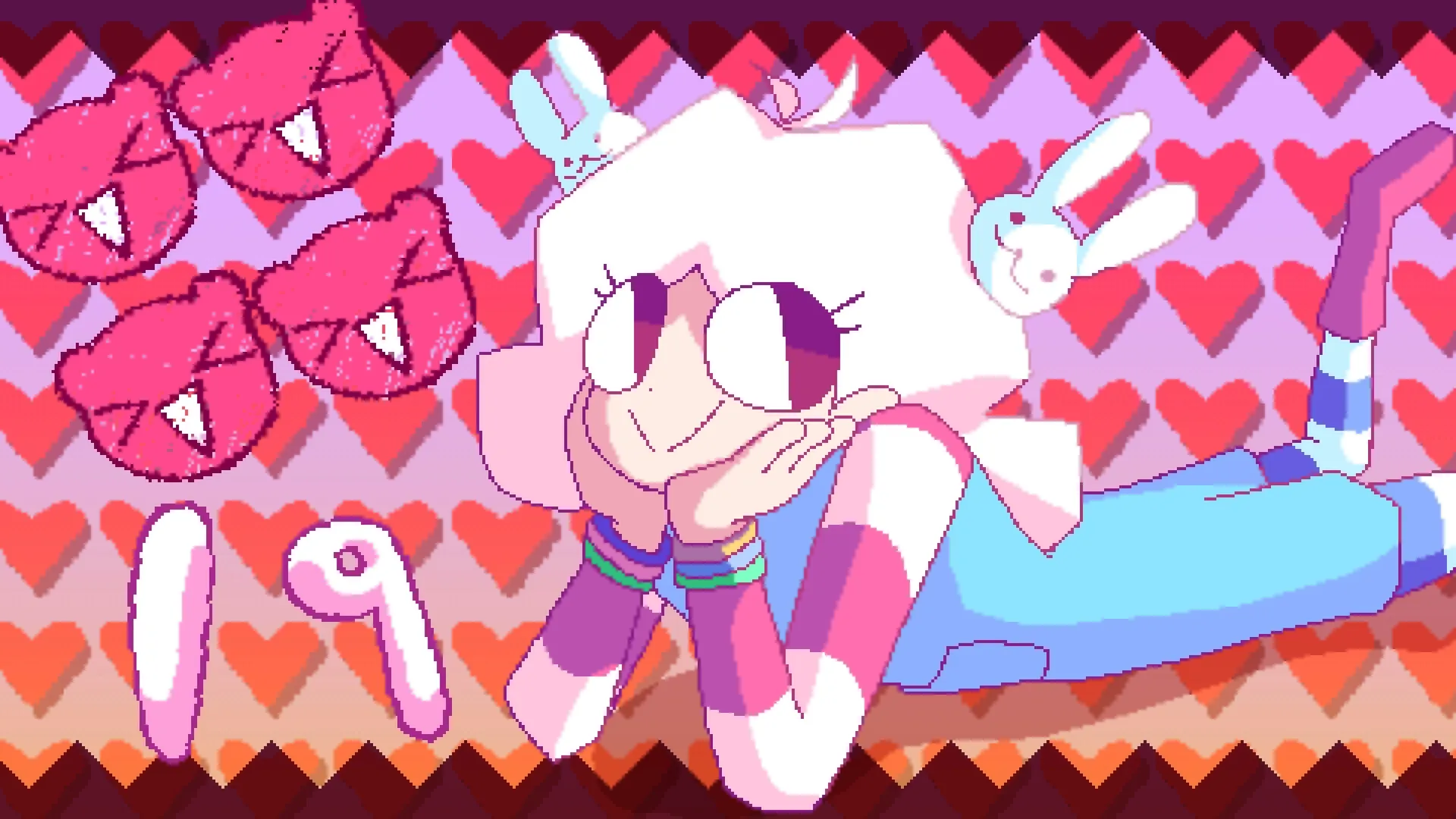 MINDWAVE: Character lounging with bunny accessories in a heart-patterned background, score of 19 displayed