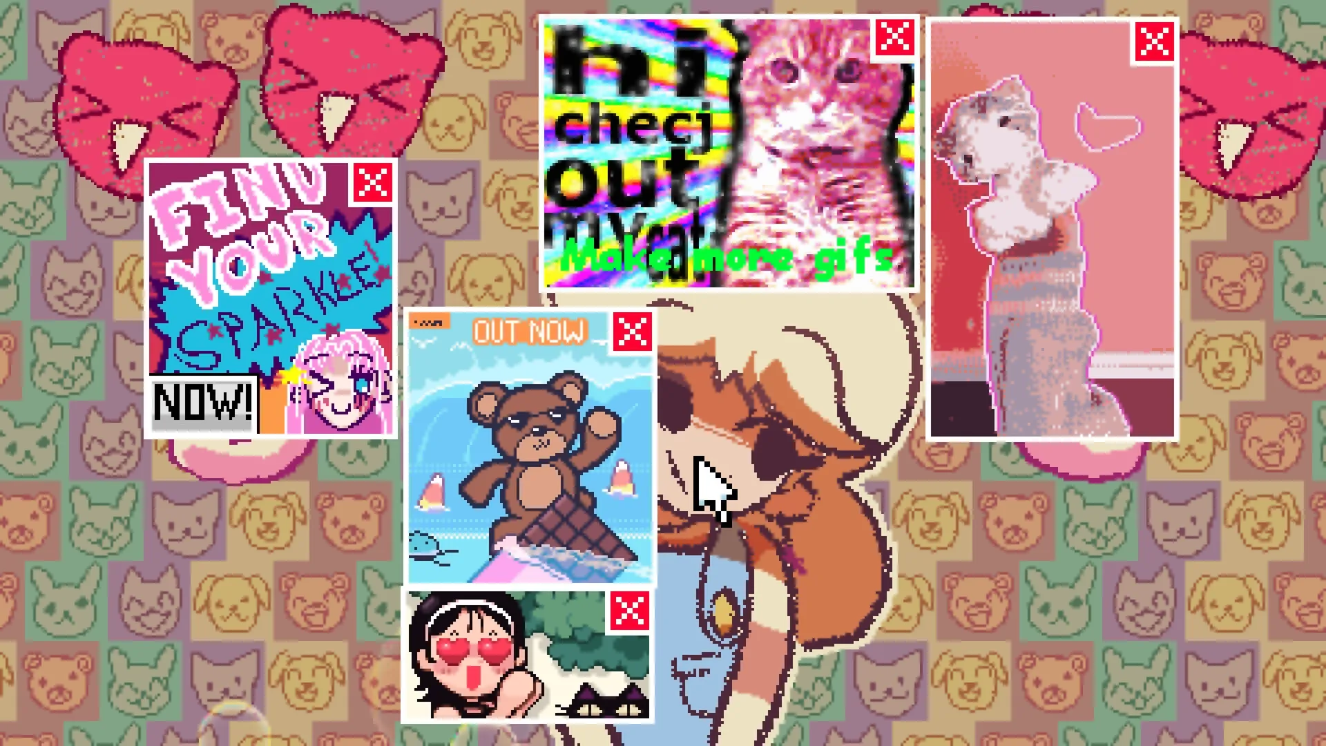 MINDWAVE: Pop-up ad invasion with retro graphics and characters on a colorful patterned background