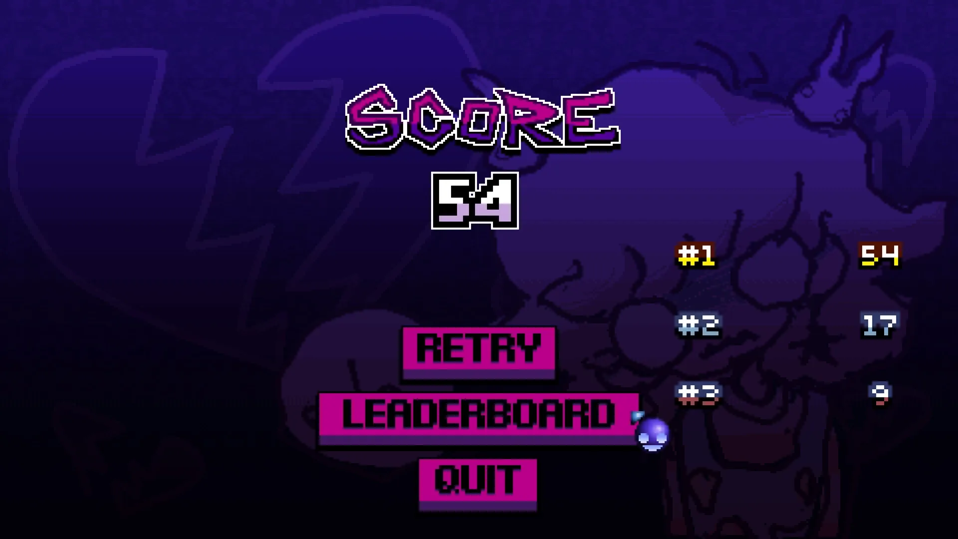 MINDWAVE: Score screen showing 54 points with retry, leaderboard, and quit options in purple theme.