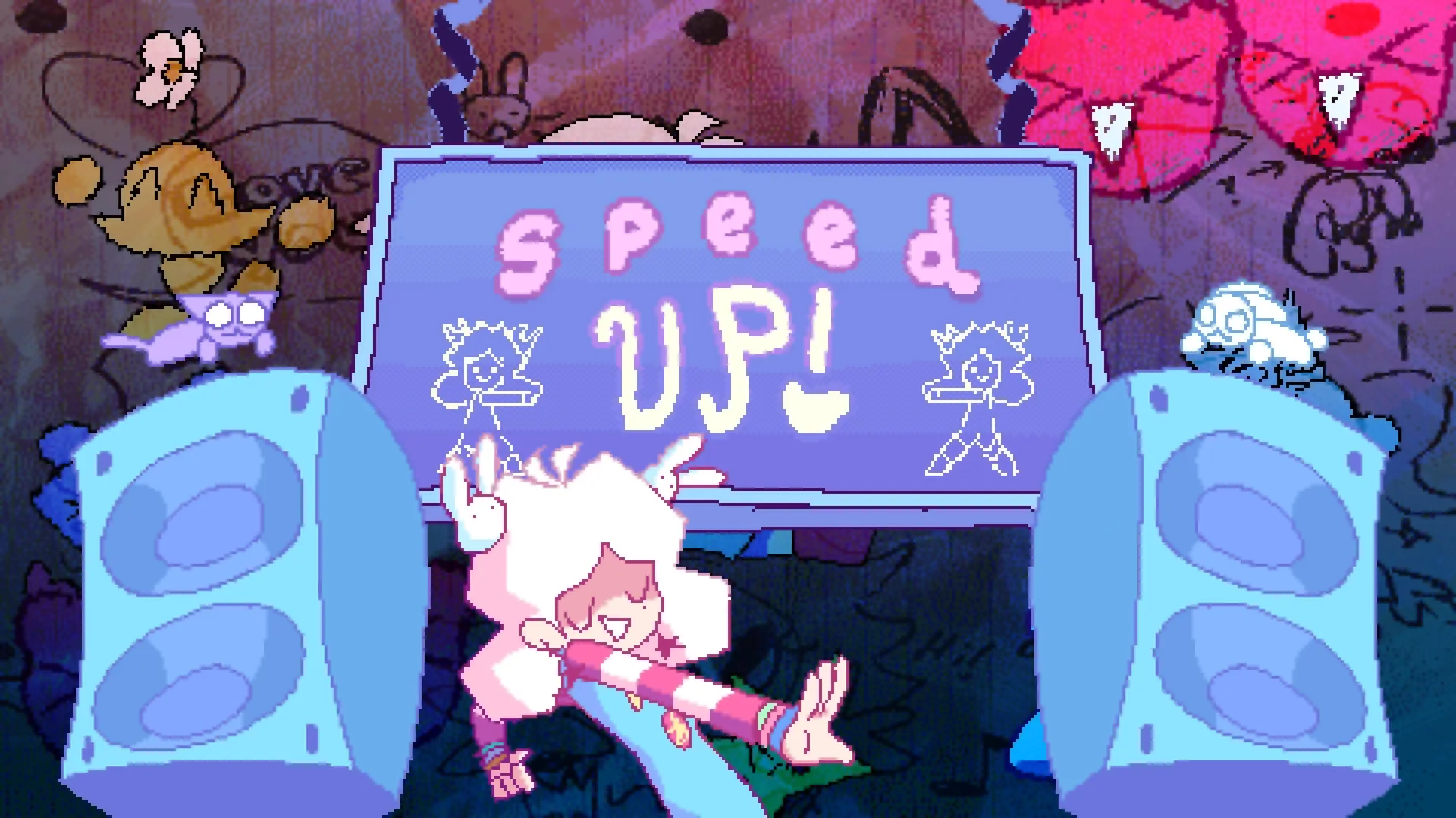 MINDWAVE: Character dances energetically in front of "Speed Up" sign with large speakers in vibrant room