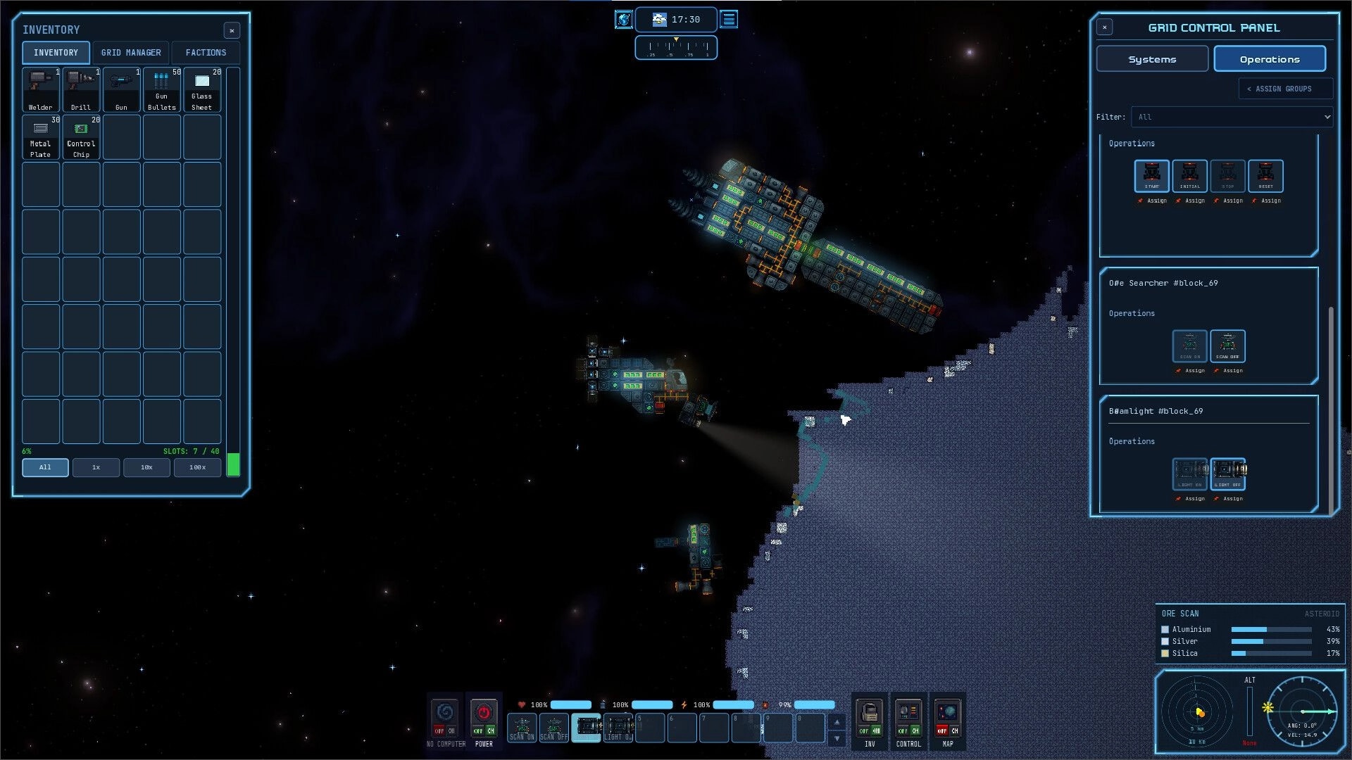MineEngineer: Inventory and grid control panels open as ships scan an asteroid field in space.